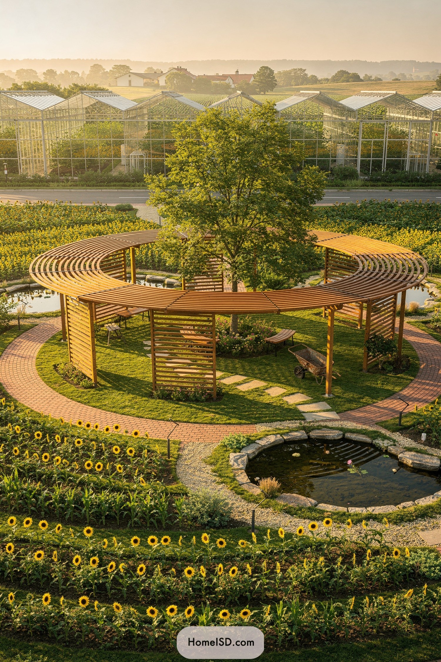Circular wooden pergola garden with pond and sunflowers