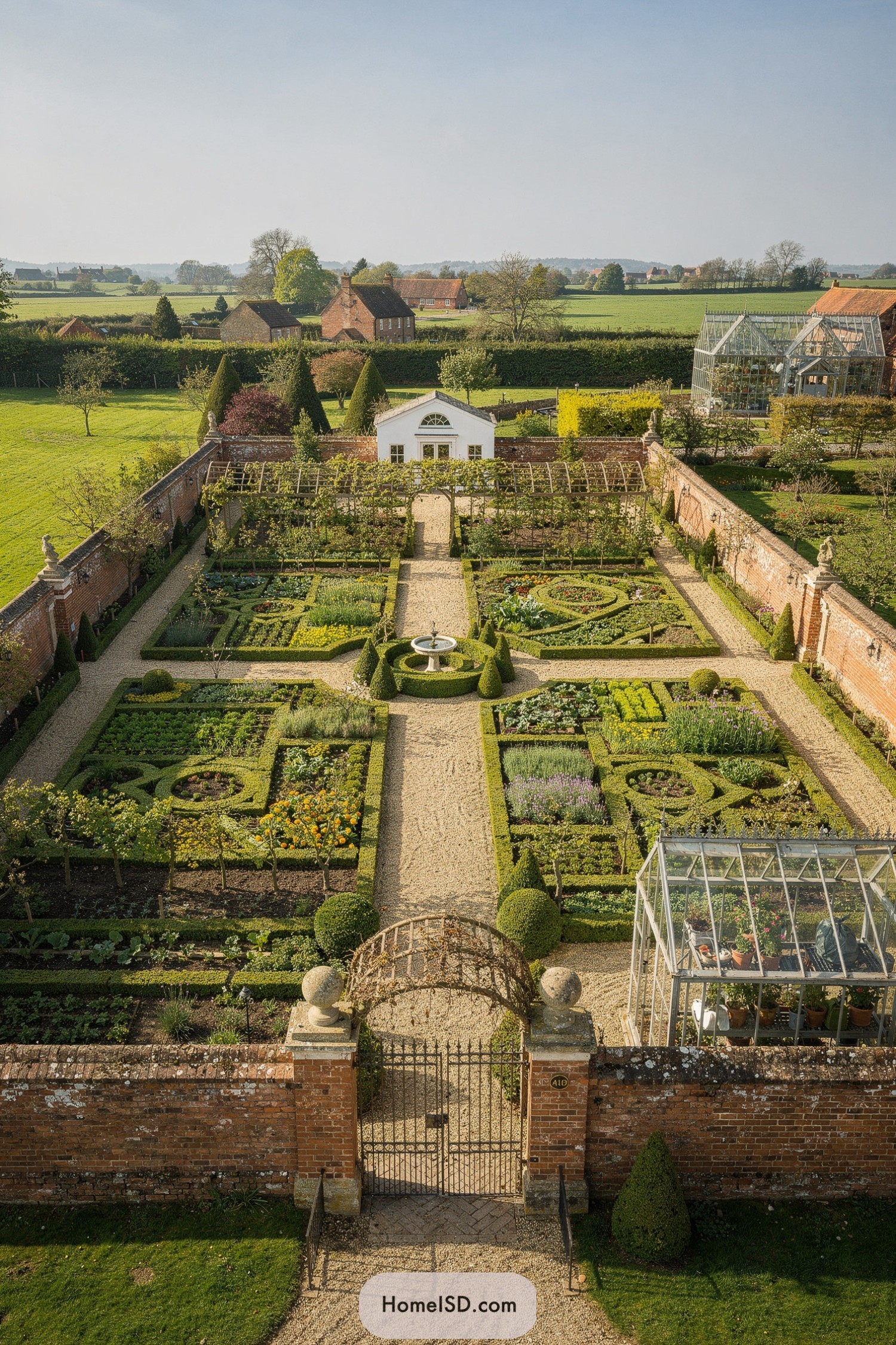Aerial view of a formal walled garden on a farm, with gravel paths, clipped hedges, central fountain, and glass greenhouses