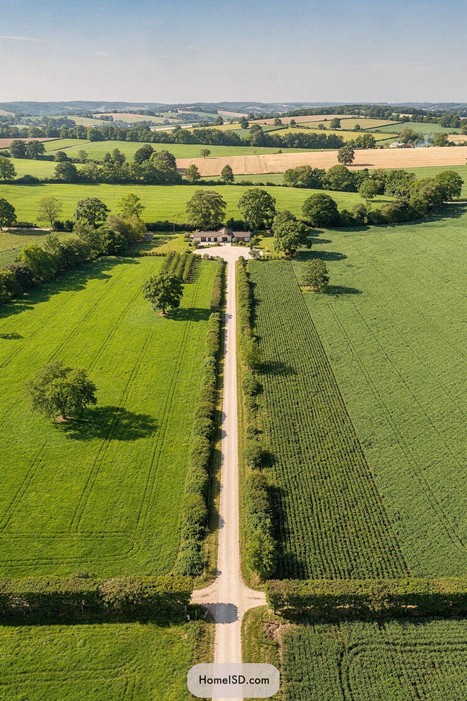 Aerial view of a farmhouse driveway