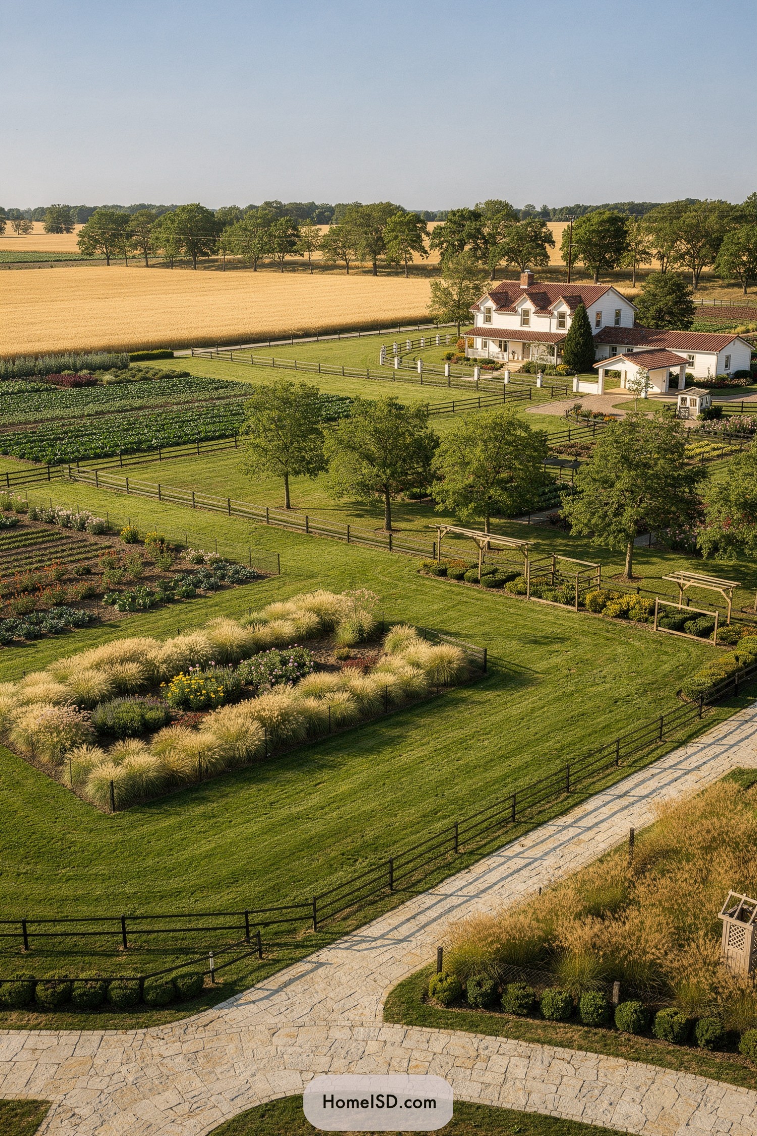 Aerial view of a neatly patterned farmstead with house, gardens, and fields
