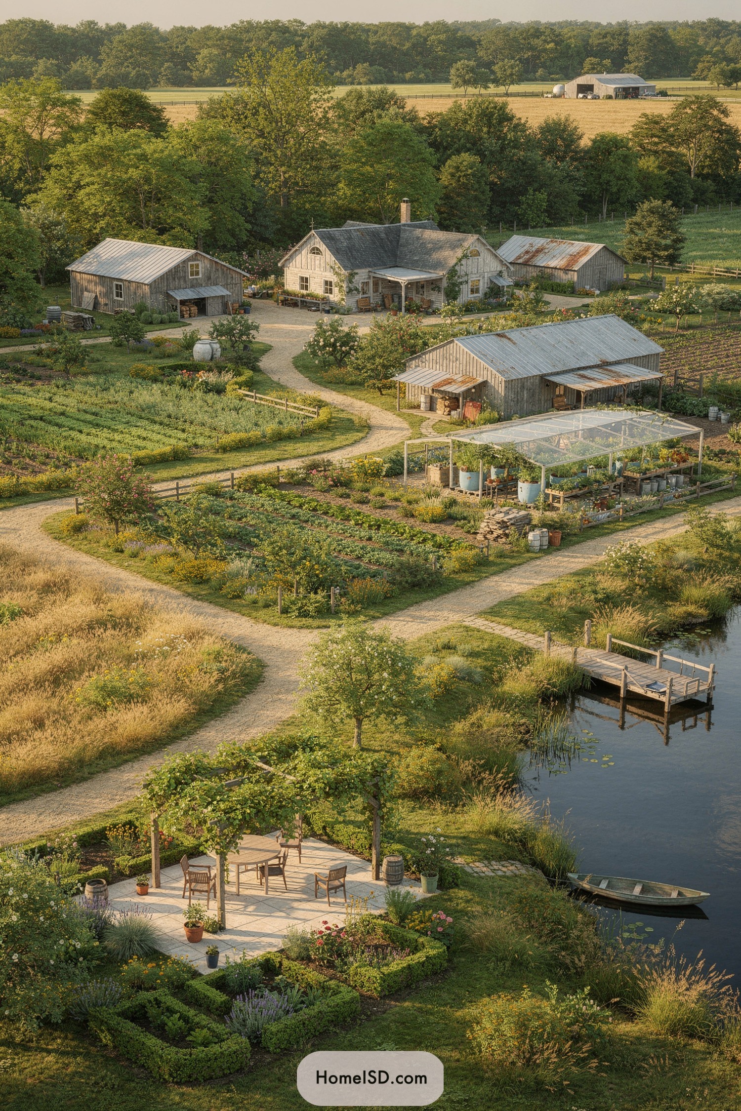 Rustic farmstead with winding paths, gardens, and pondside seating