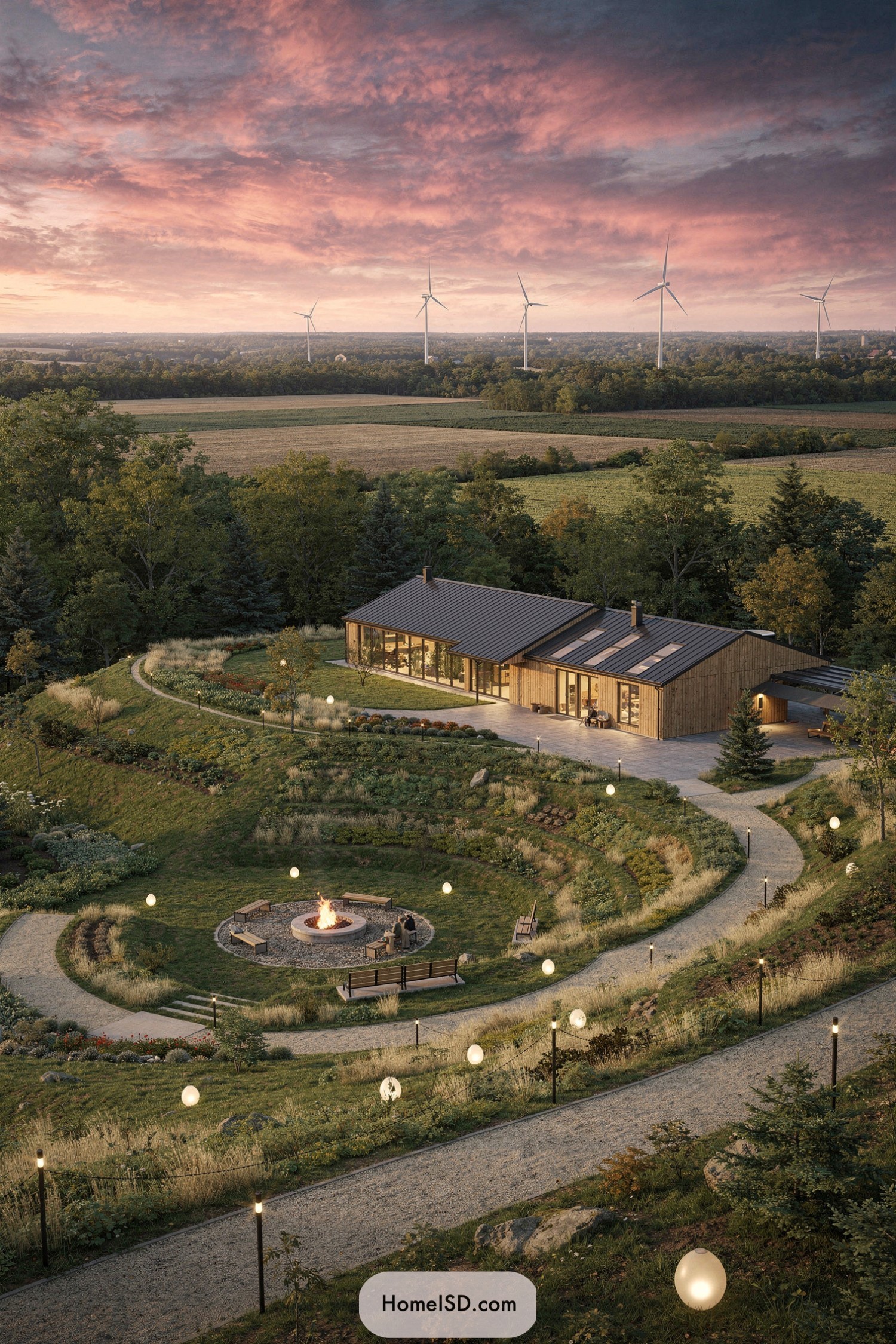 Modern farmhouse on terraced hillside with circular fire pit and winding gravel paths at sunset