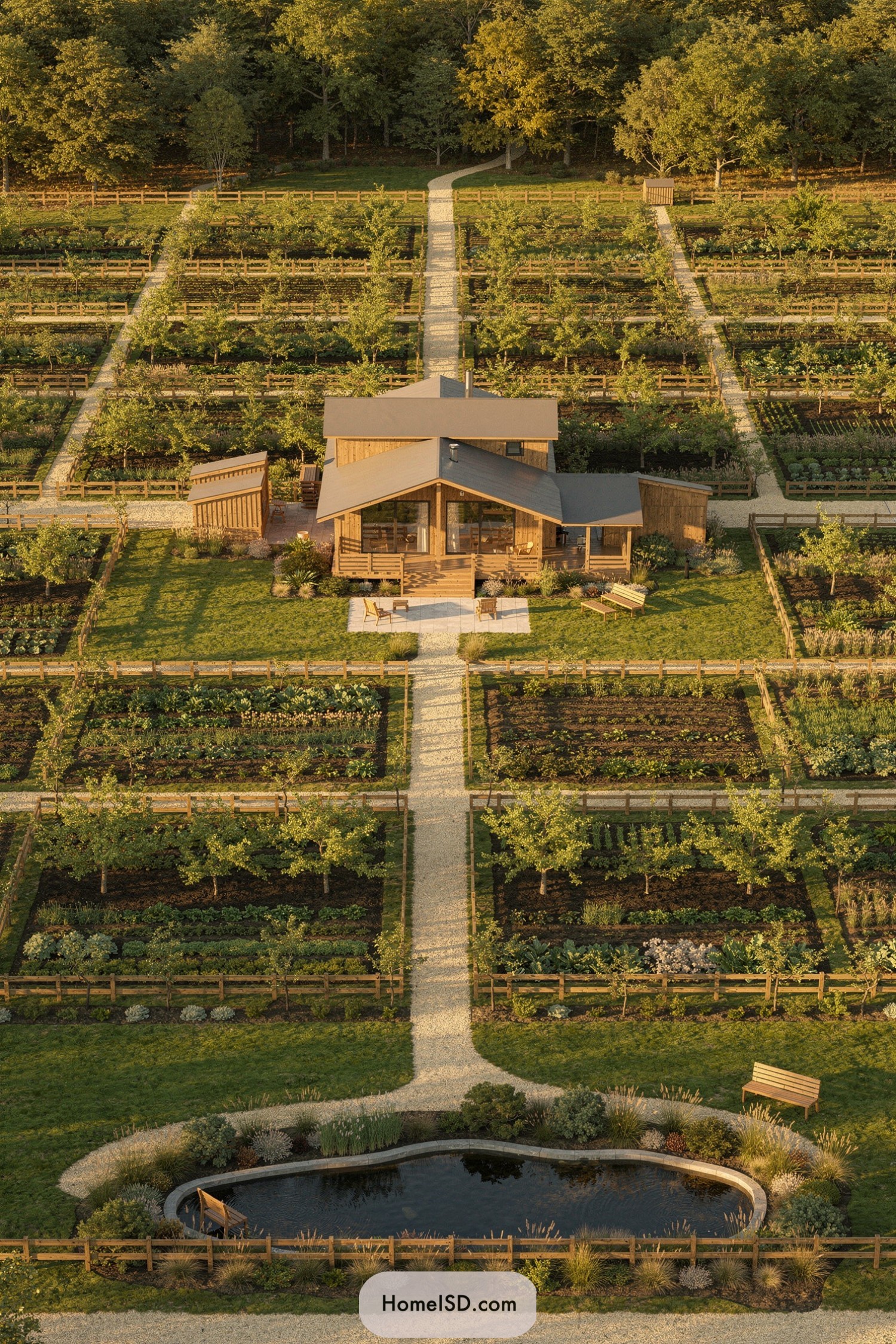 Aerial view of an orderly farmhouse garden