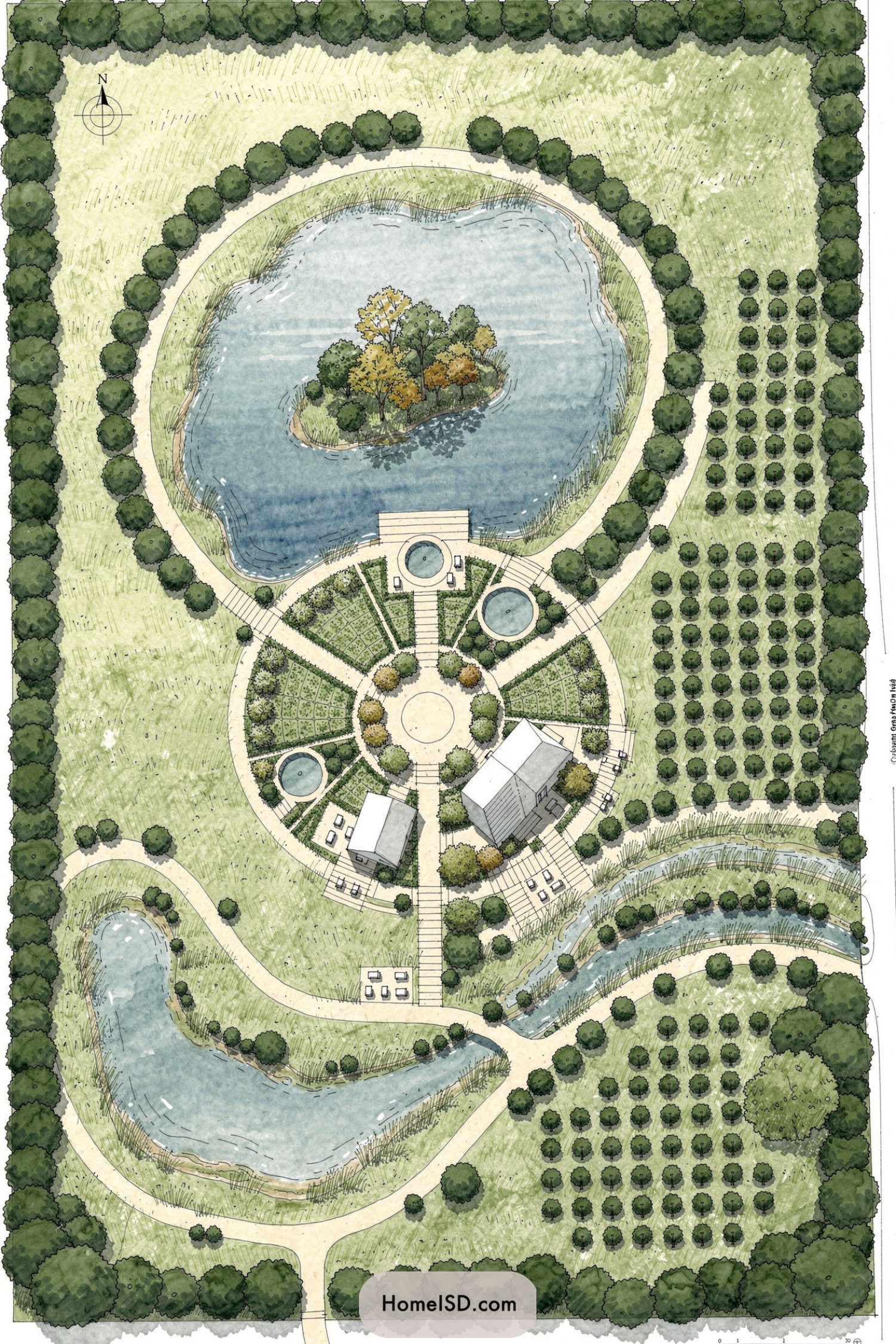 Illustrated plan of circular farmstead with ponds