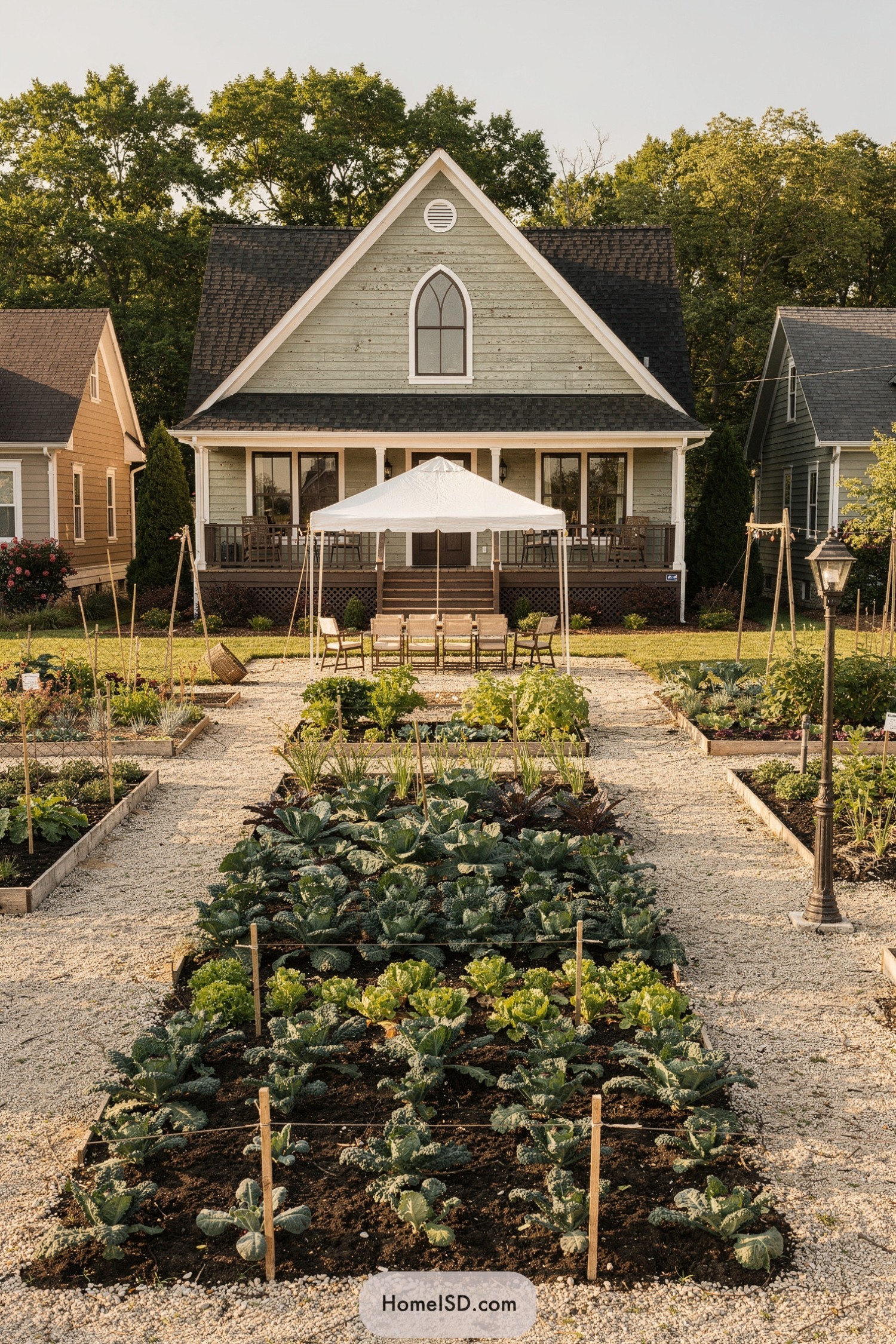 Orderly vegetable beds with gravel walkways and a farmhouse backdrop