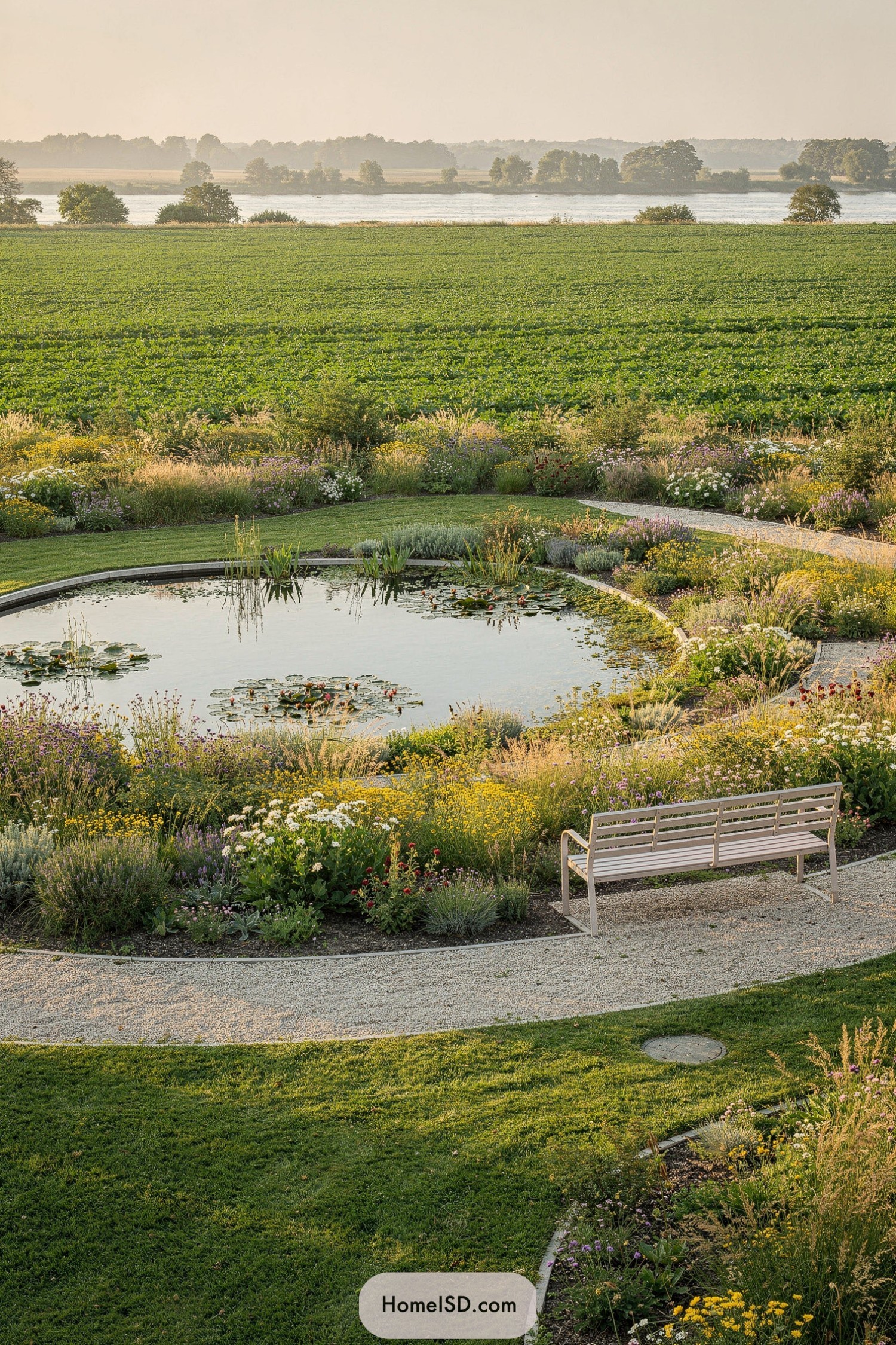 Circular pond garden with bench and wildflowers