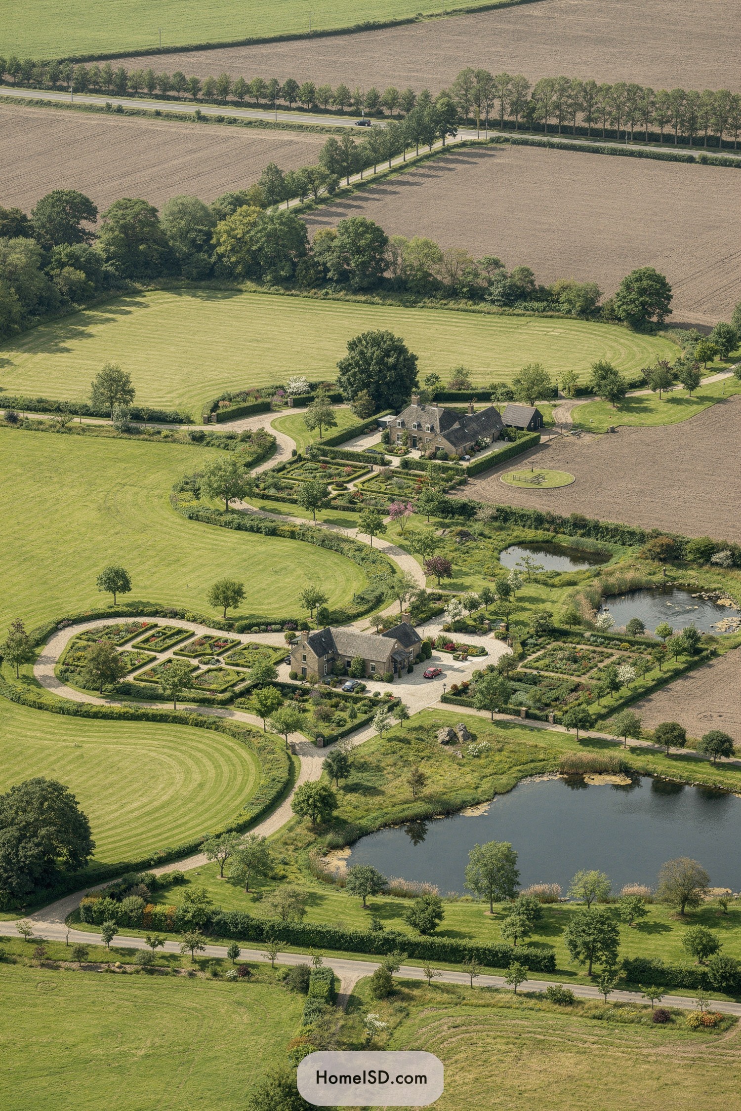 Aerial view of manicured farmstead gardens