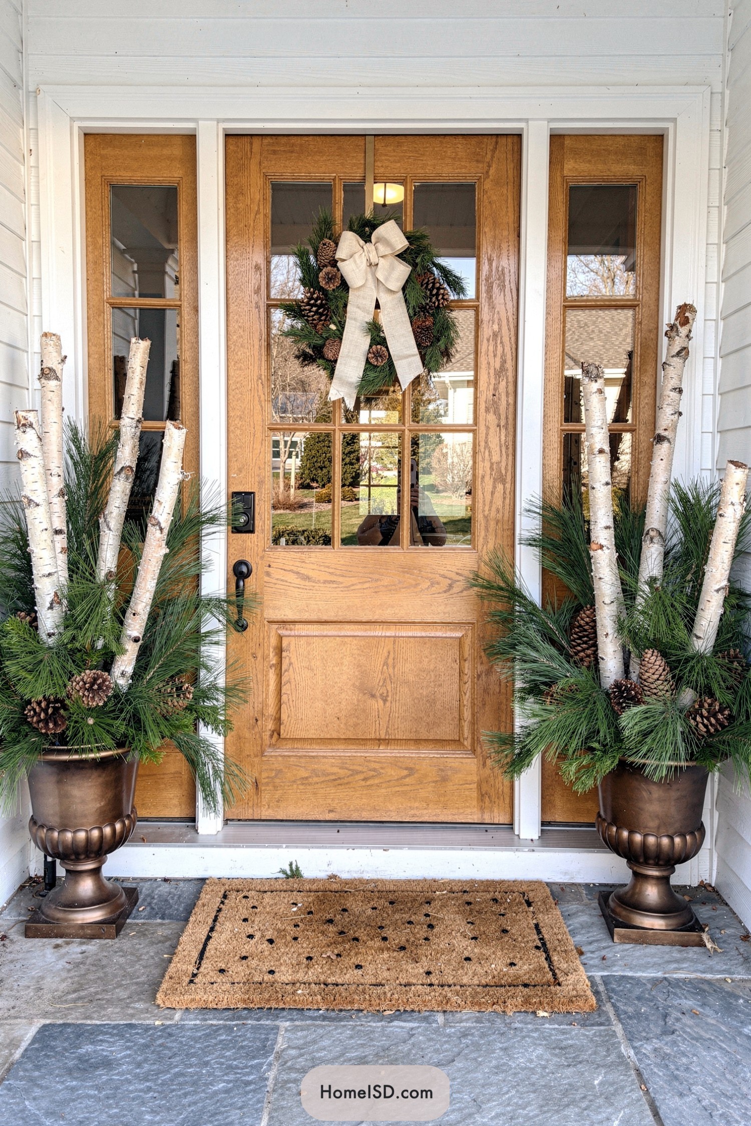 Wooden front door with symmetrical birch and evergreen winter planters