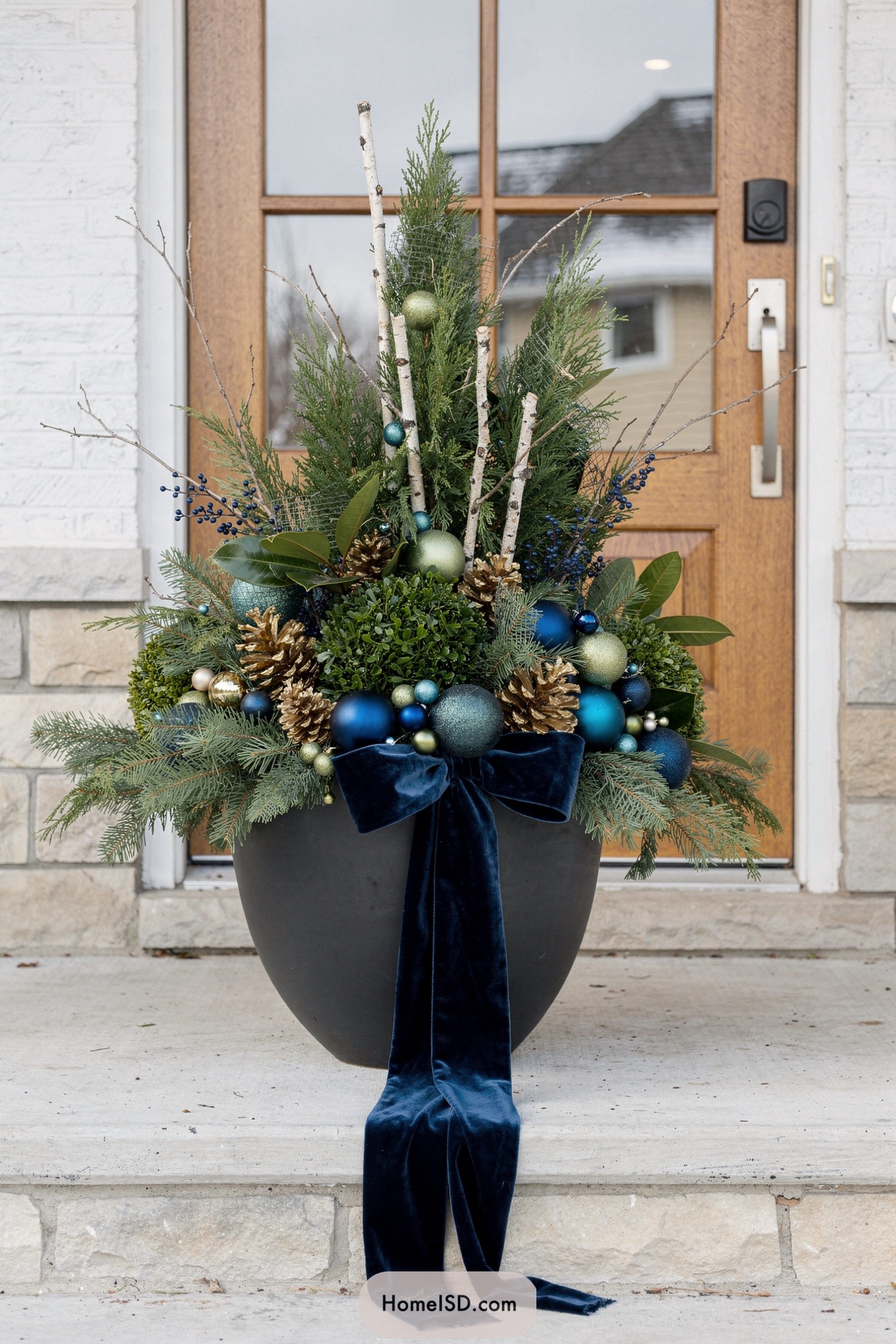 Large winter porch planter with evergreens, blue and green ornaments, birch branches, and a long navy velvet bow