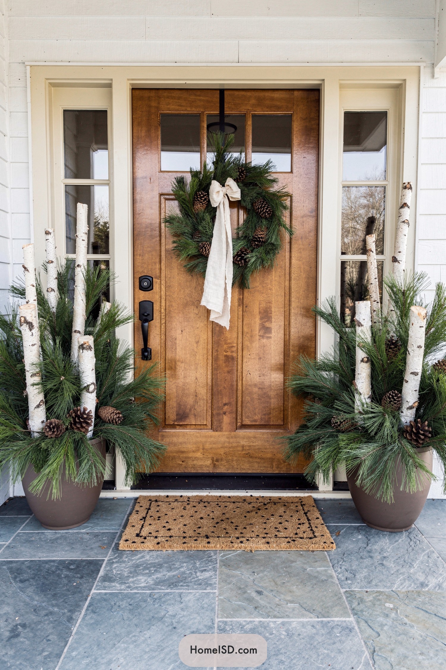 Winter porch with birch and pine planters