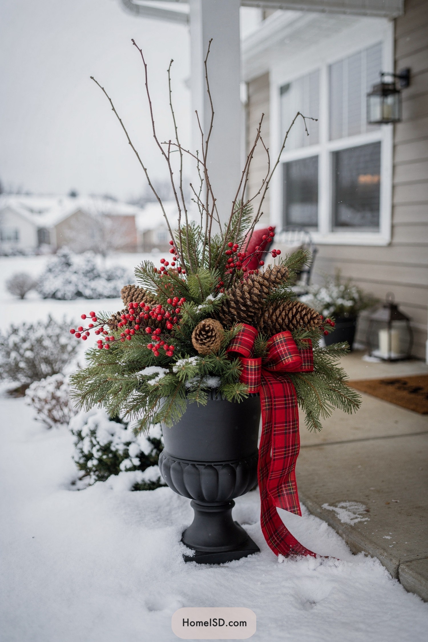 Black urn planter filled with evergreens pinecones red berries and plaid ribbon on a snowy front porch