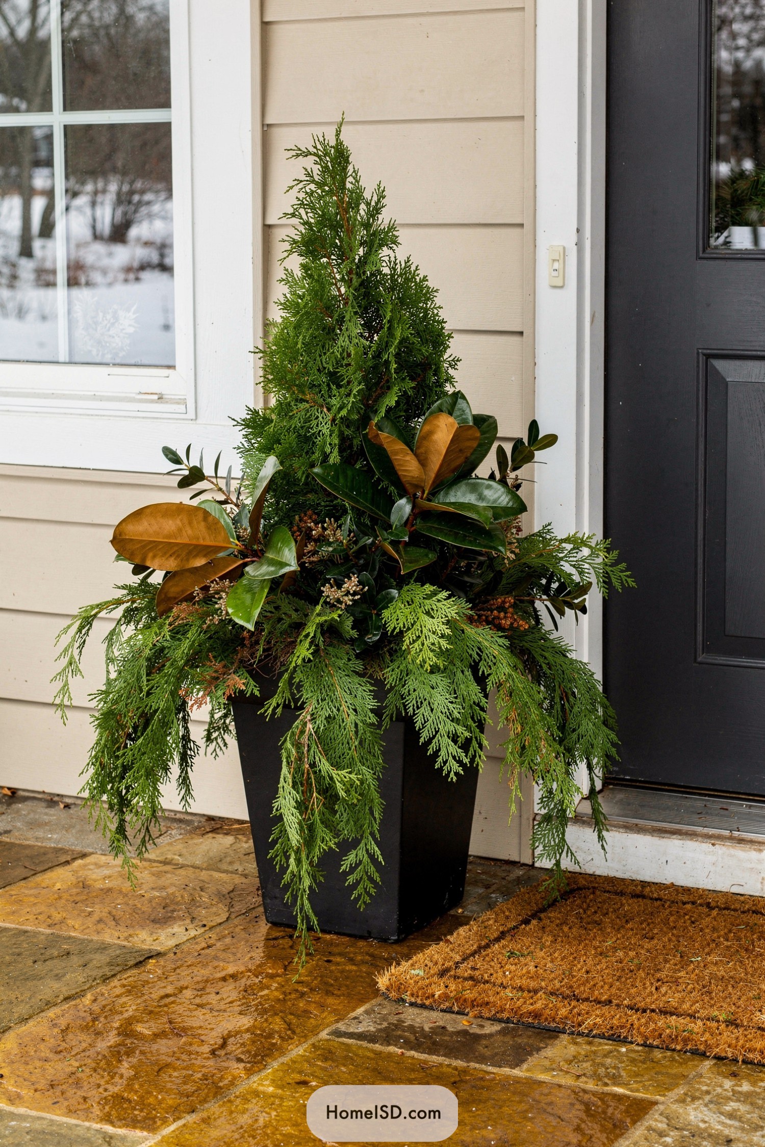 Tall mixed greenery winter planter beside front door