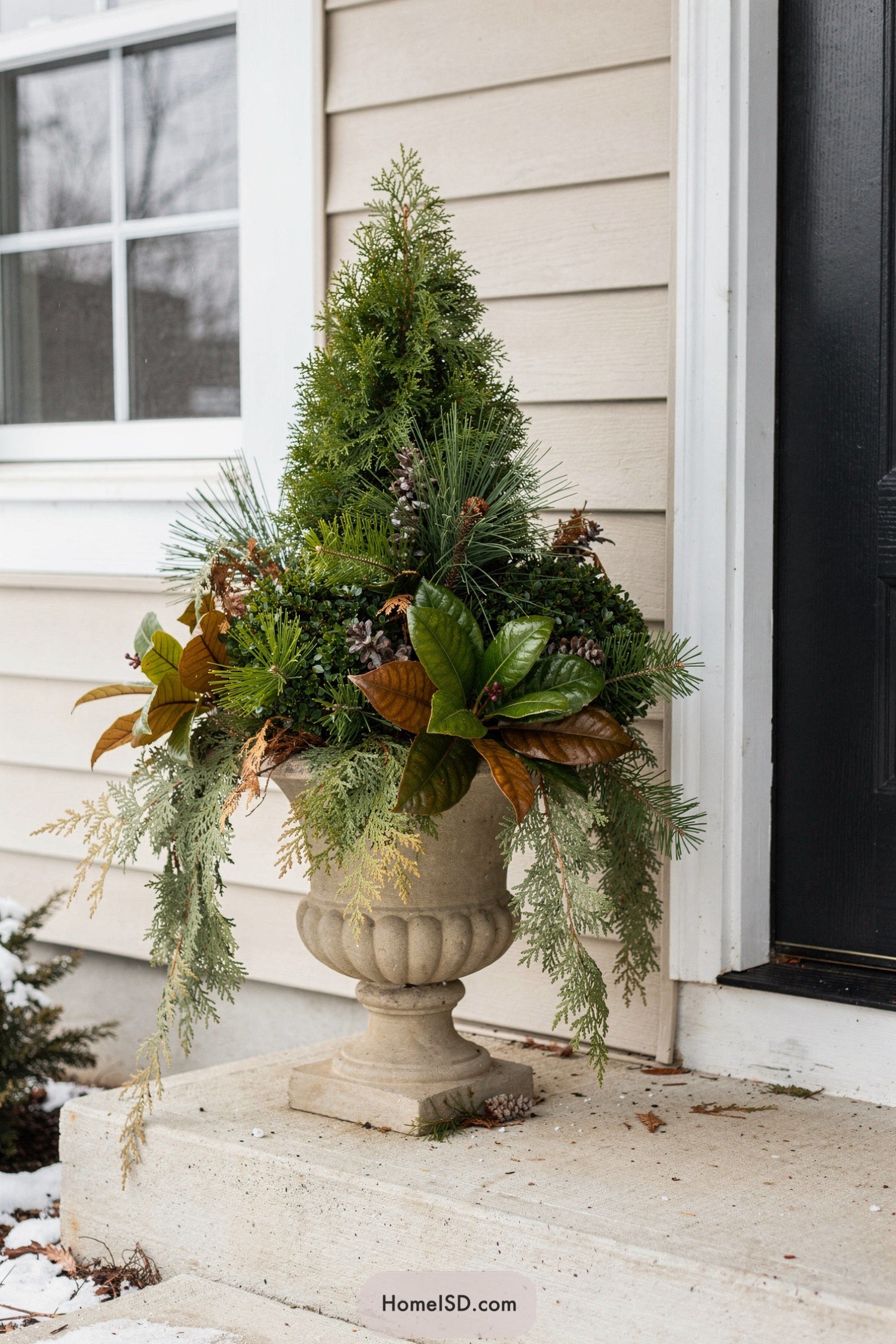 Urn planter with layered winter evergreens by front door