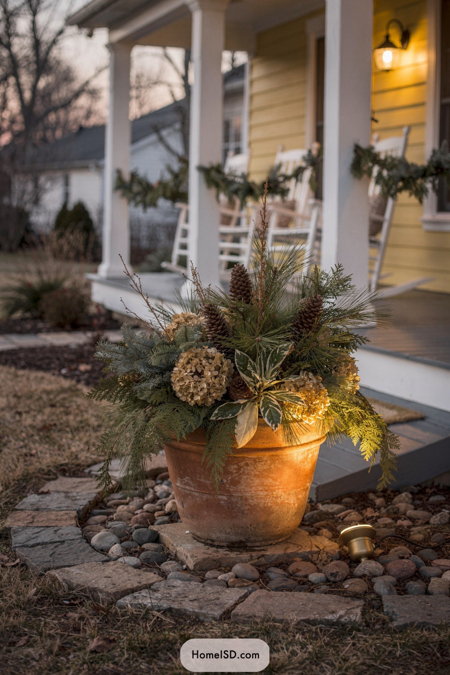 Large winter planter with evergreens and pinecones glowing beside a yellow house porch