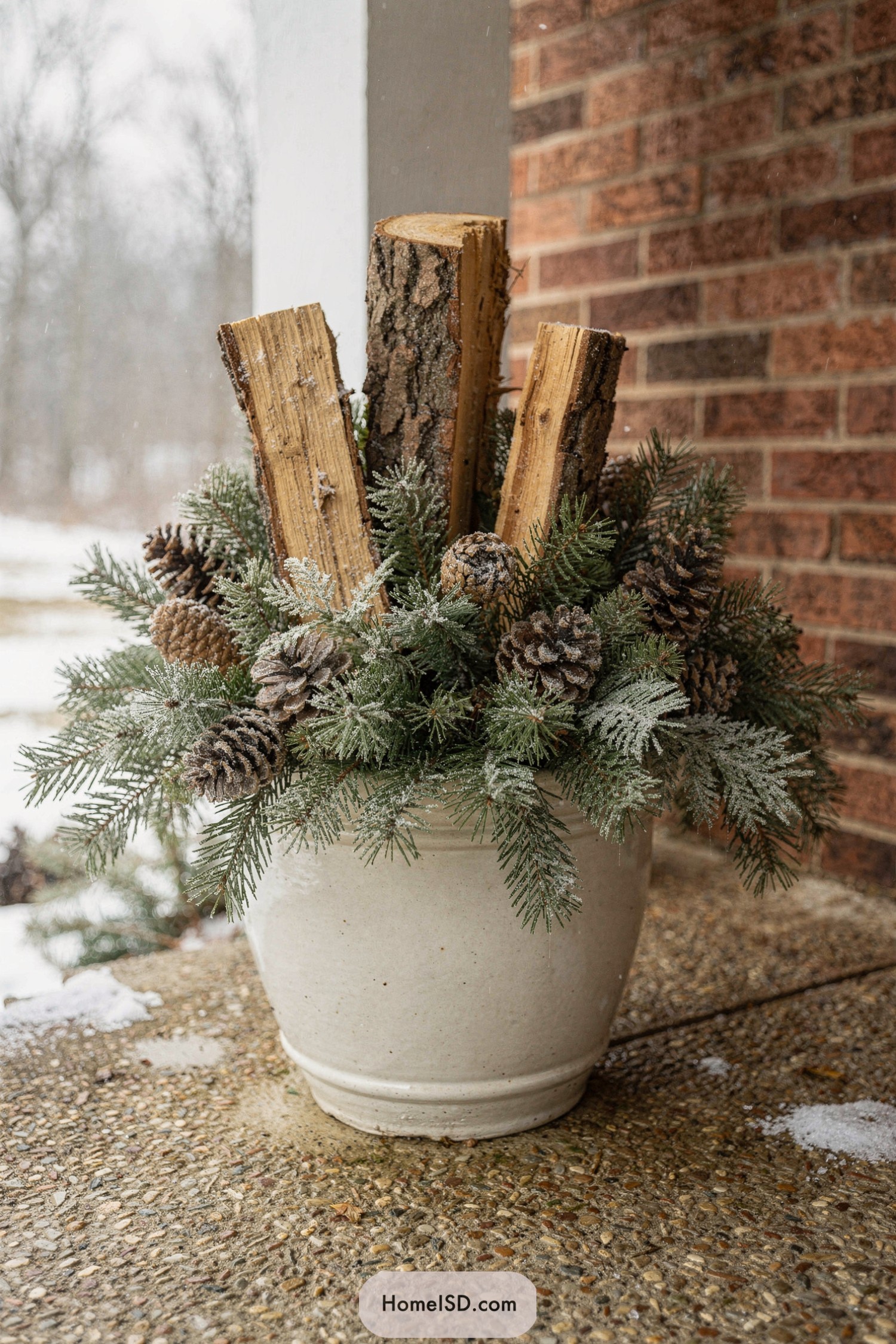 Winter porch planter with logs and evergreens