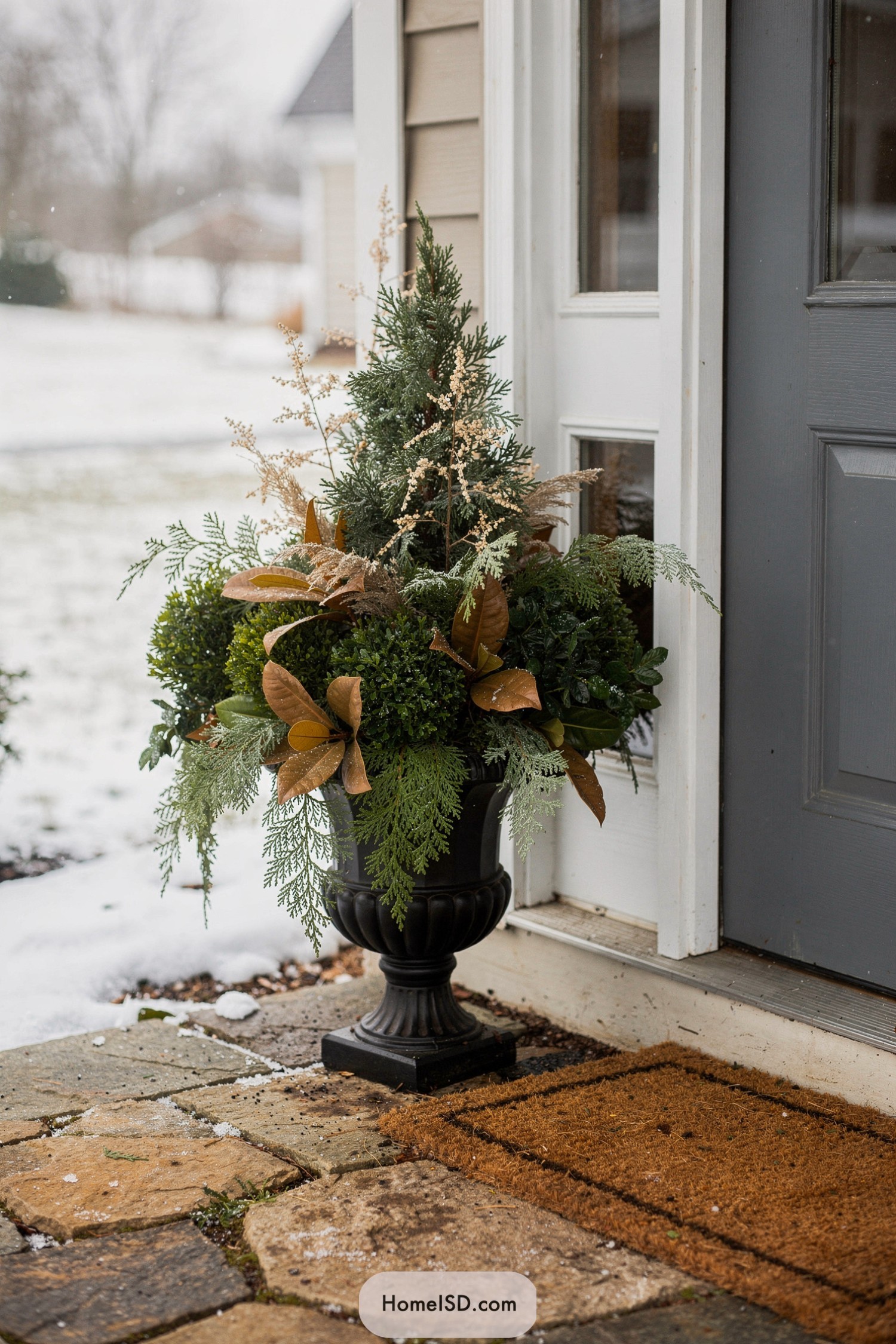 Black urn planter with layered winter greenery by a front door