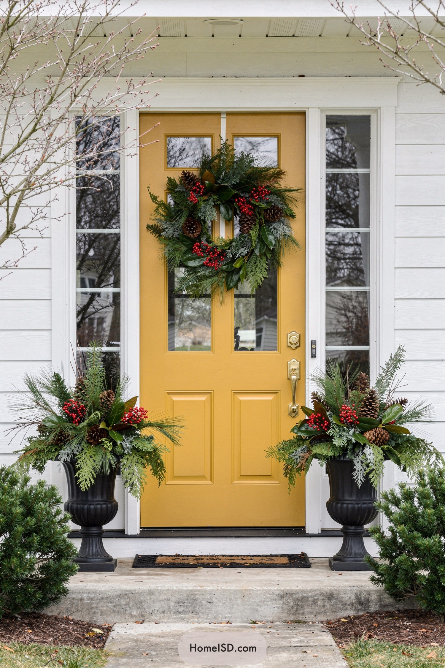Yellow front door with matching evergreen wreath and twin winter planters