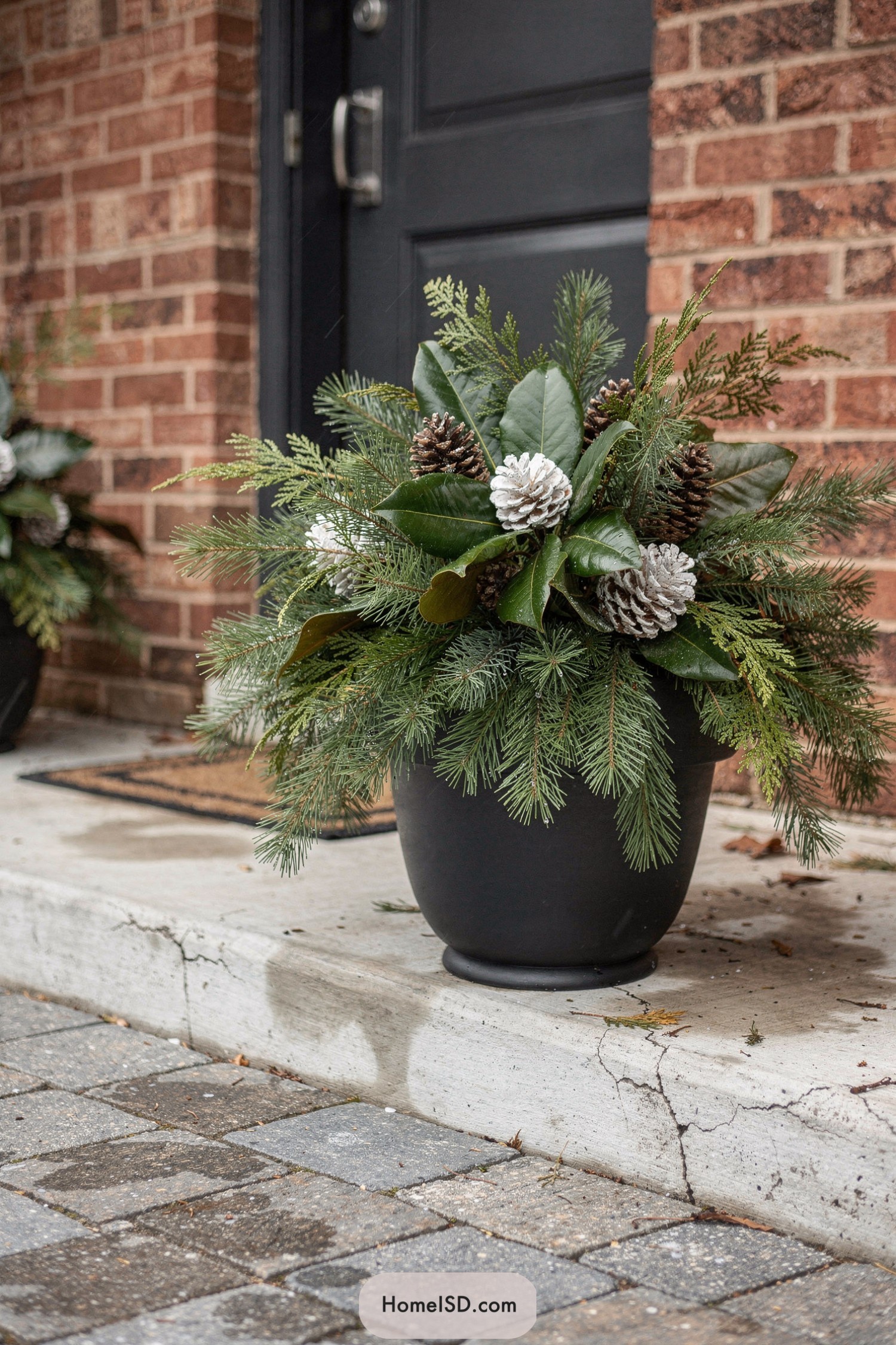 Black planter filled with evergreen branches and frosted pinecones beside a dark front door