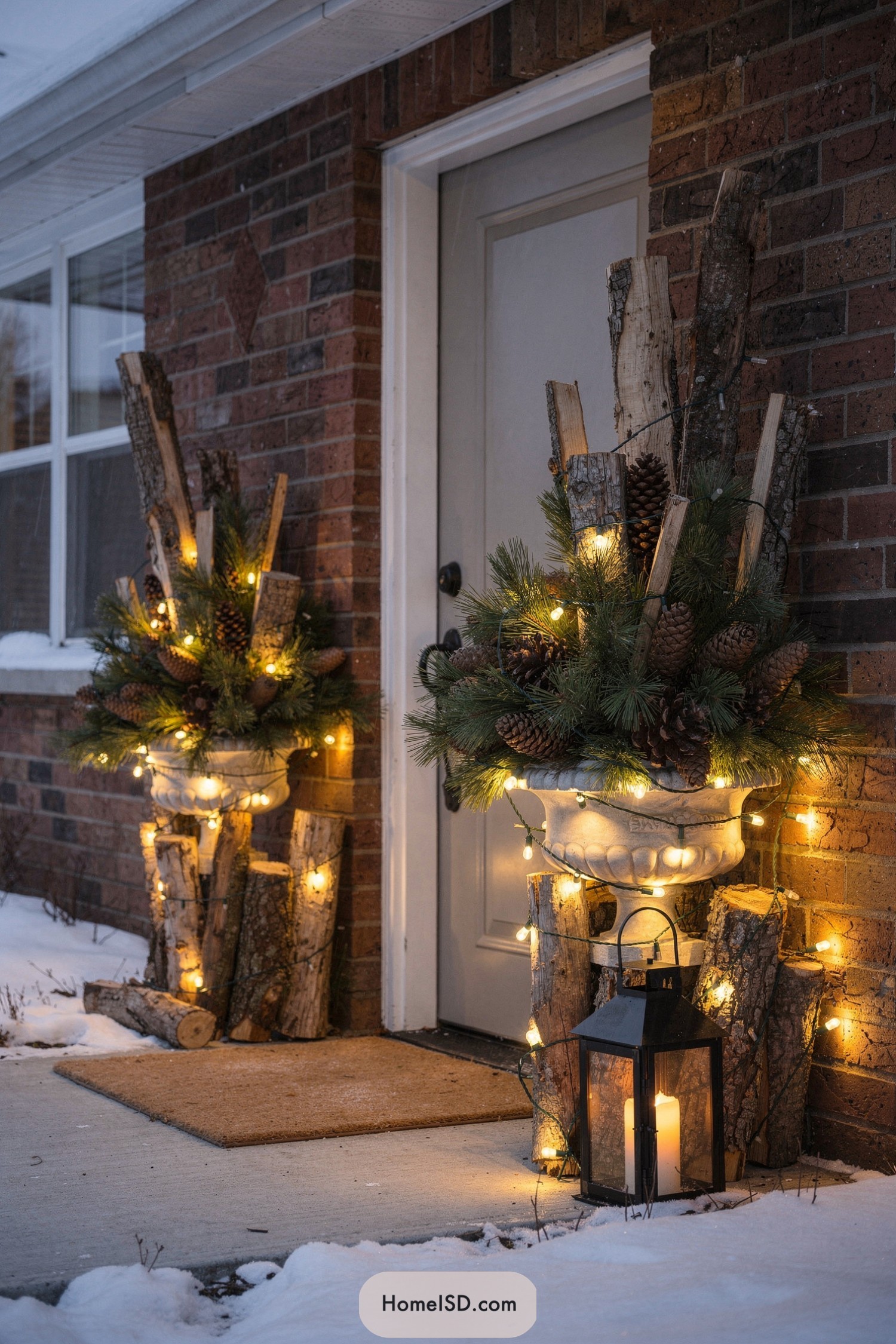 Winter porch urns with evergreen branches logs and string lights by a brick doorway