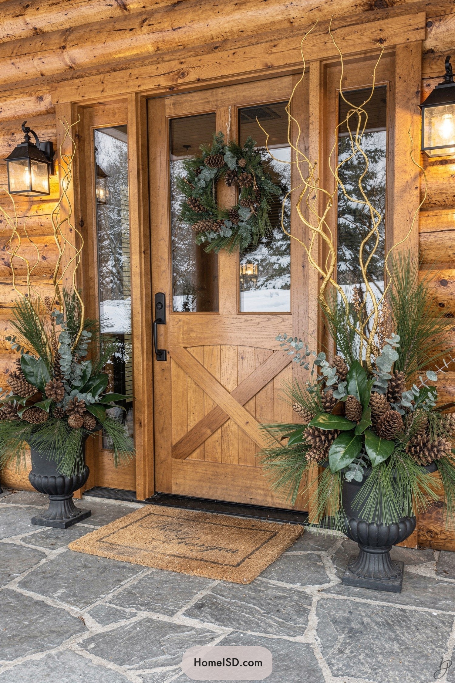 Log cabin door with winter planters