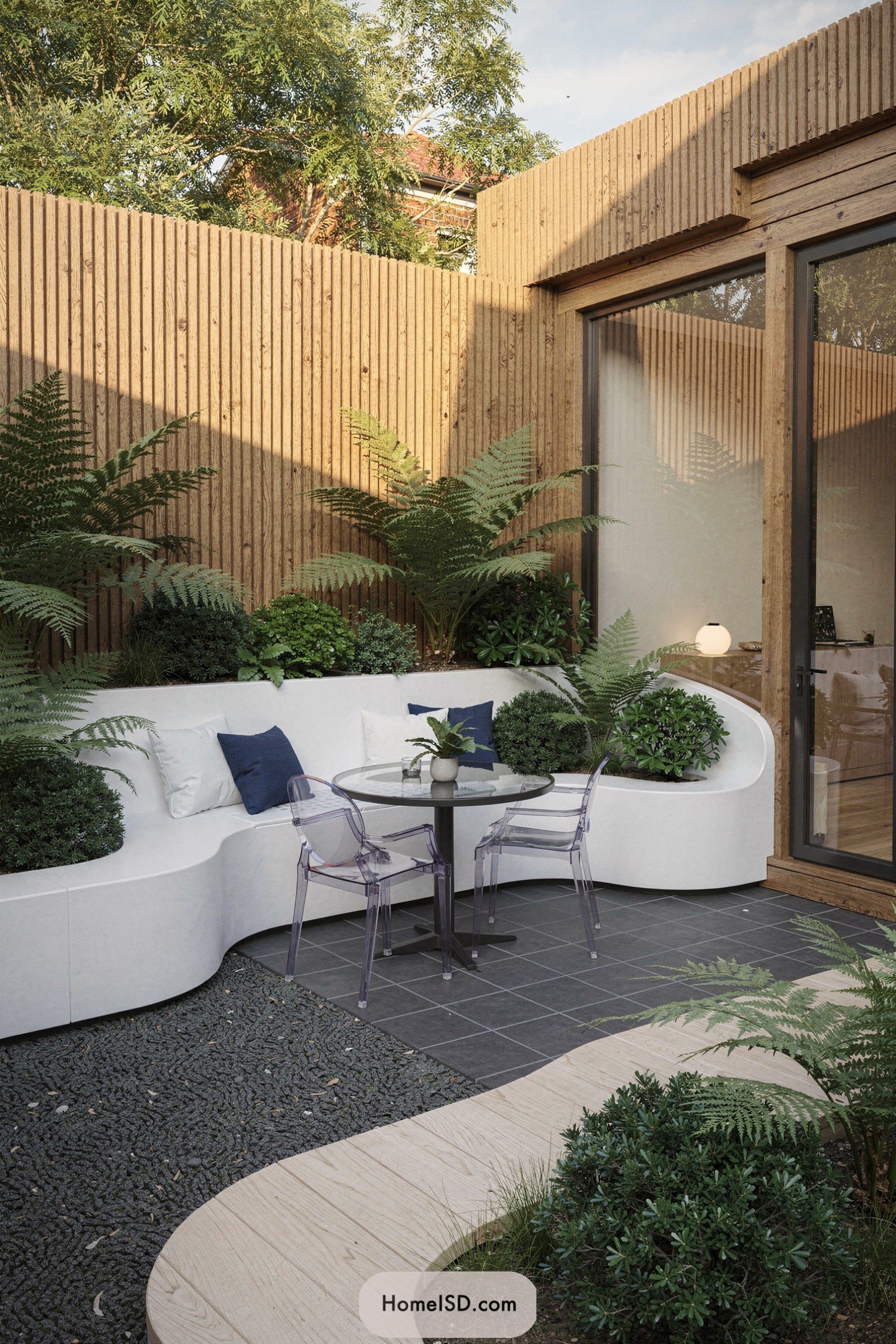 Modern courtyard with curved white bench, glass table, and lush ferns against vertical wood fencing