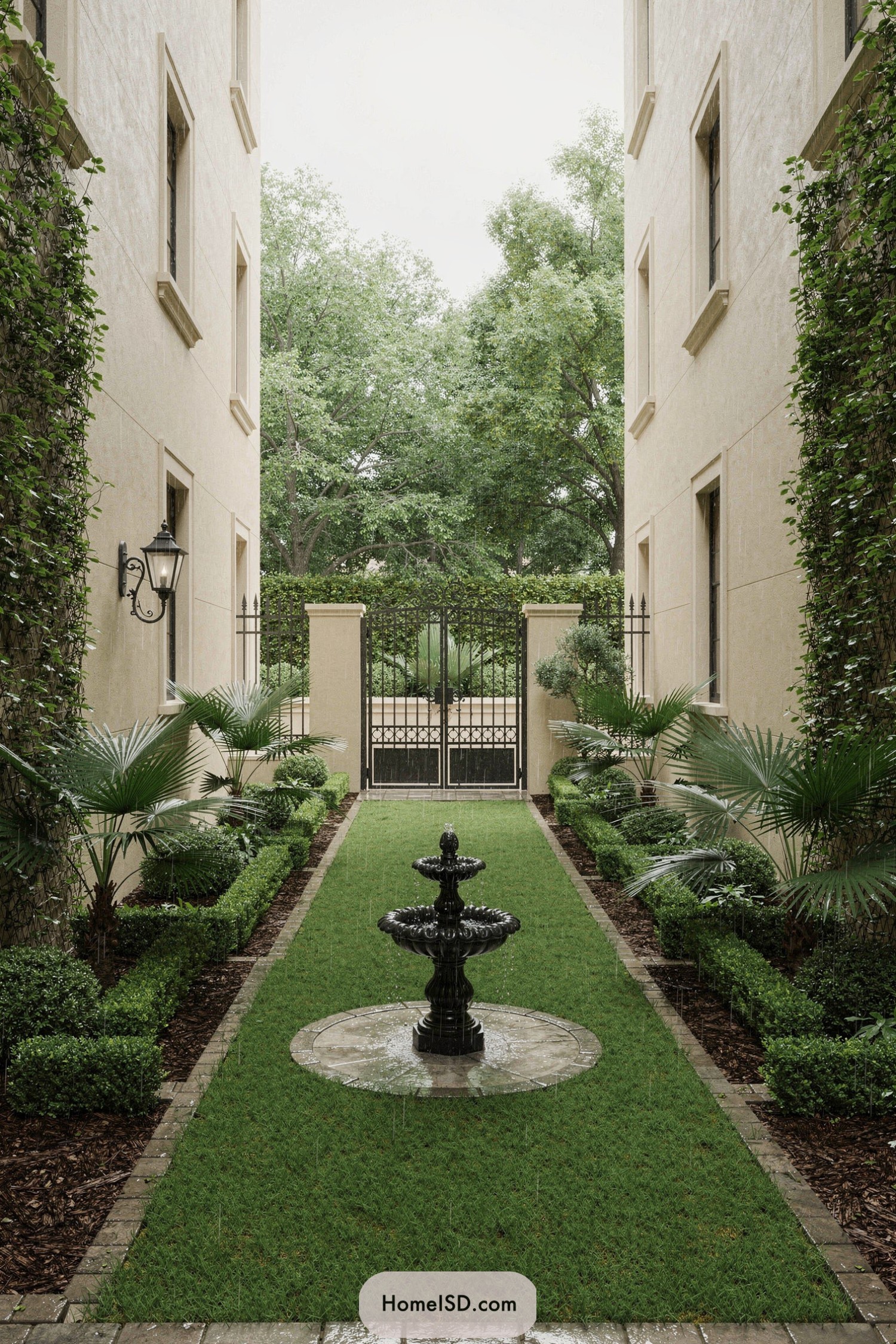 Slim garden courtyard with central fountain