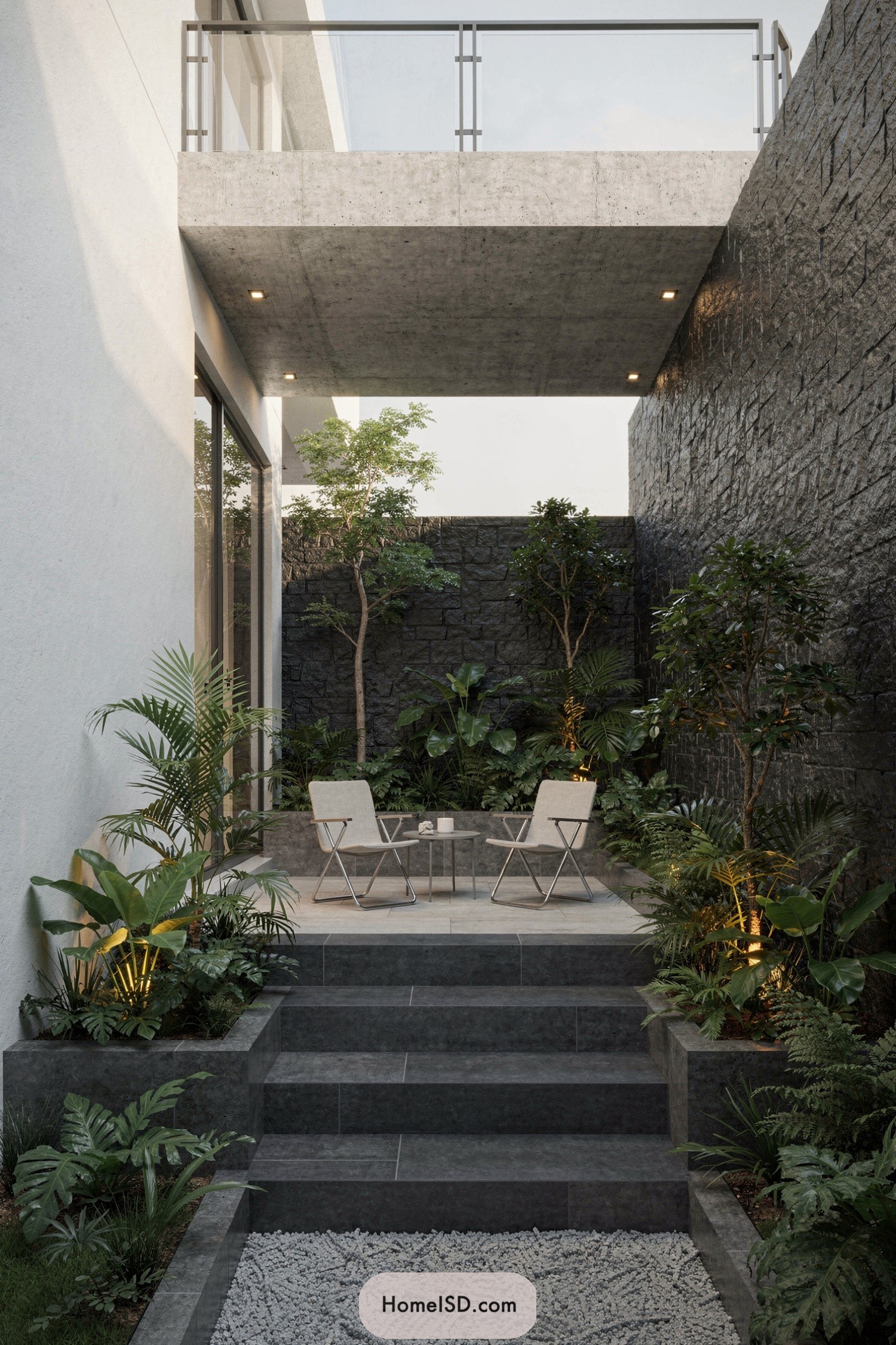 Narrow modern courtyard with lush plants and seating