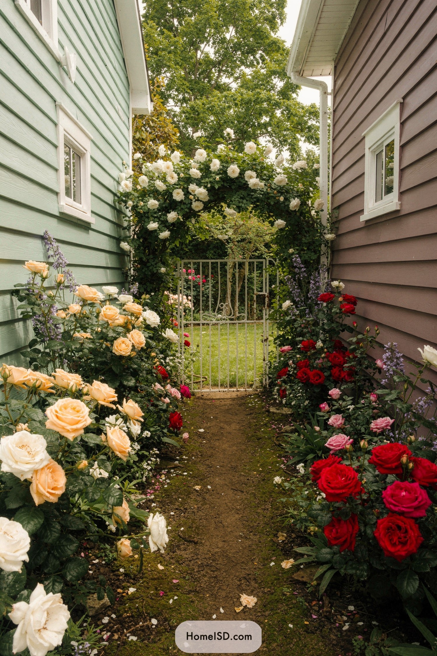Narrow garden path lined with roses and white gate