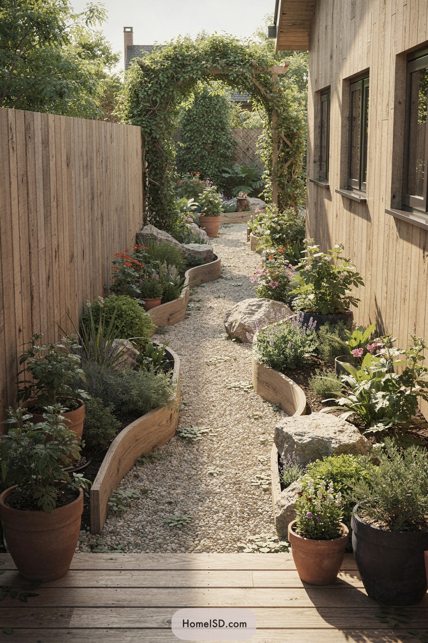 Narrow gravel side-yard path with curved wooden beds, potted plants, boulders, and a vine-covered arbor between two wooden walls