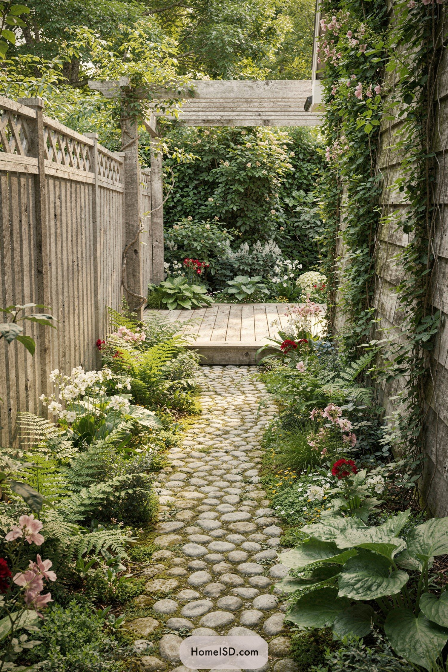Narrow cobblestone garden path between vine-covered fences leading to a small wooden deck surrounded by lush plants and flowers