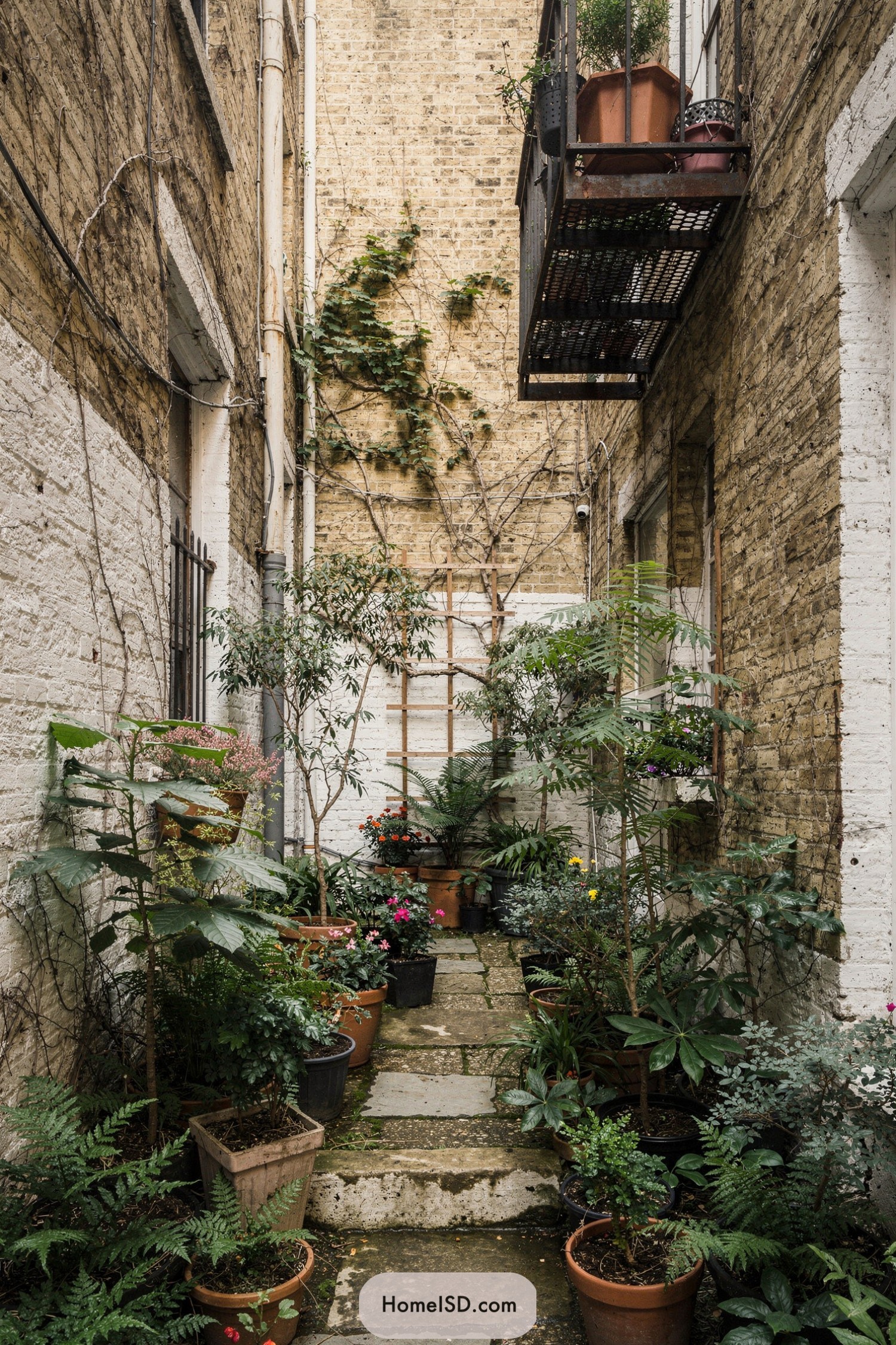 Narrow brick passage filled with potted plants and greenery