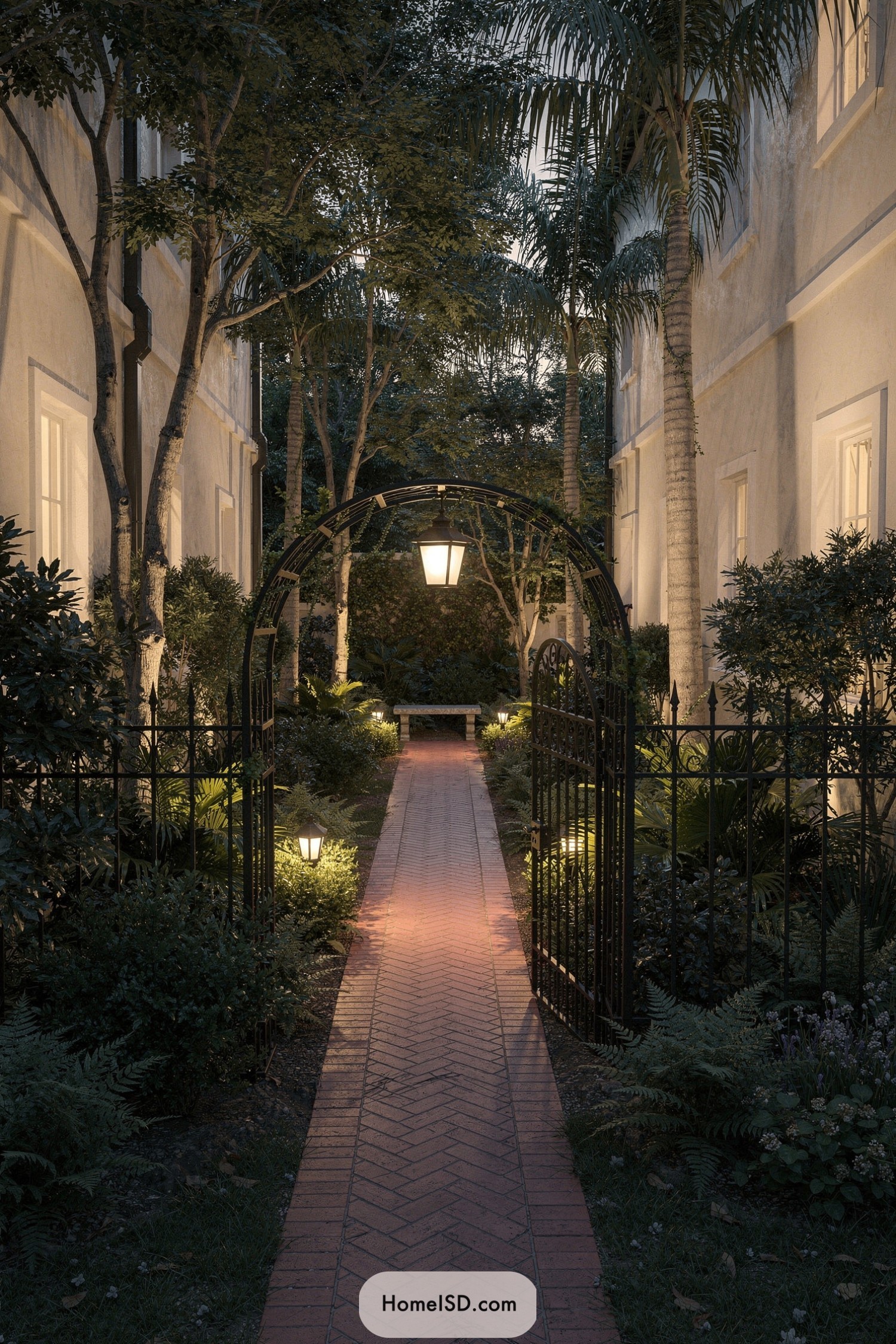 Narrow brick garden path with iron archway and warm lighting at dusk