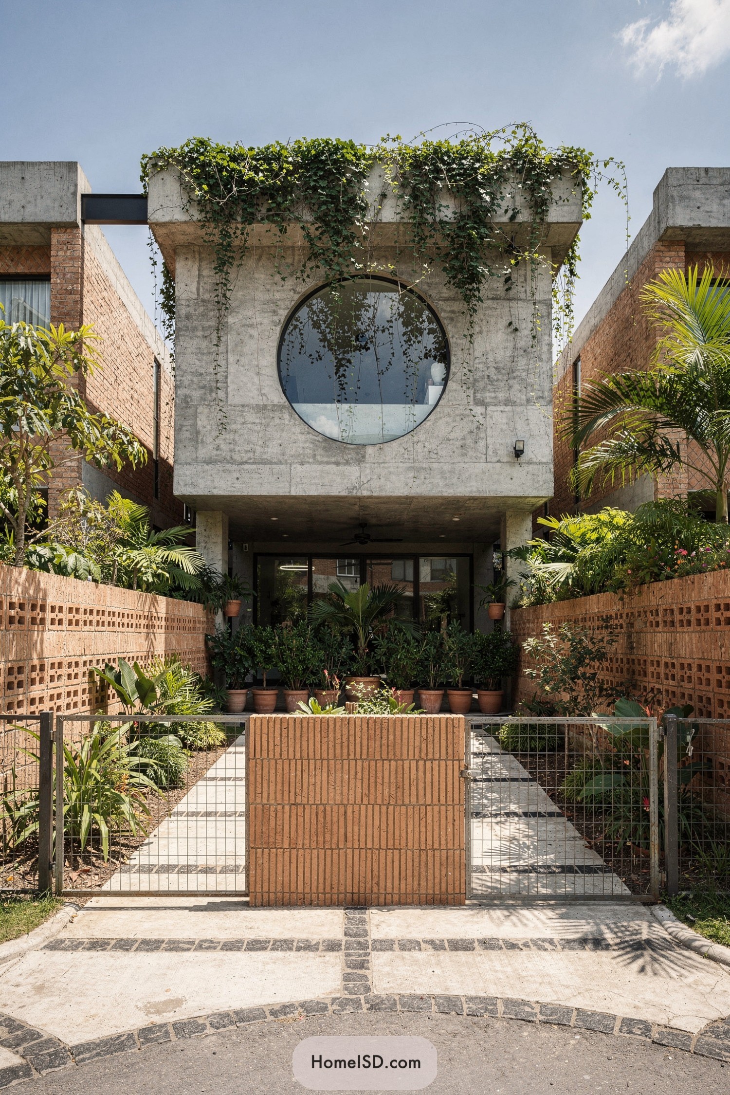 Narrow brick courtyard with dense potted greenery leading to a concrete house facade crowned by a circular window and trailing vines