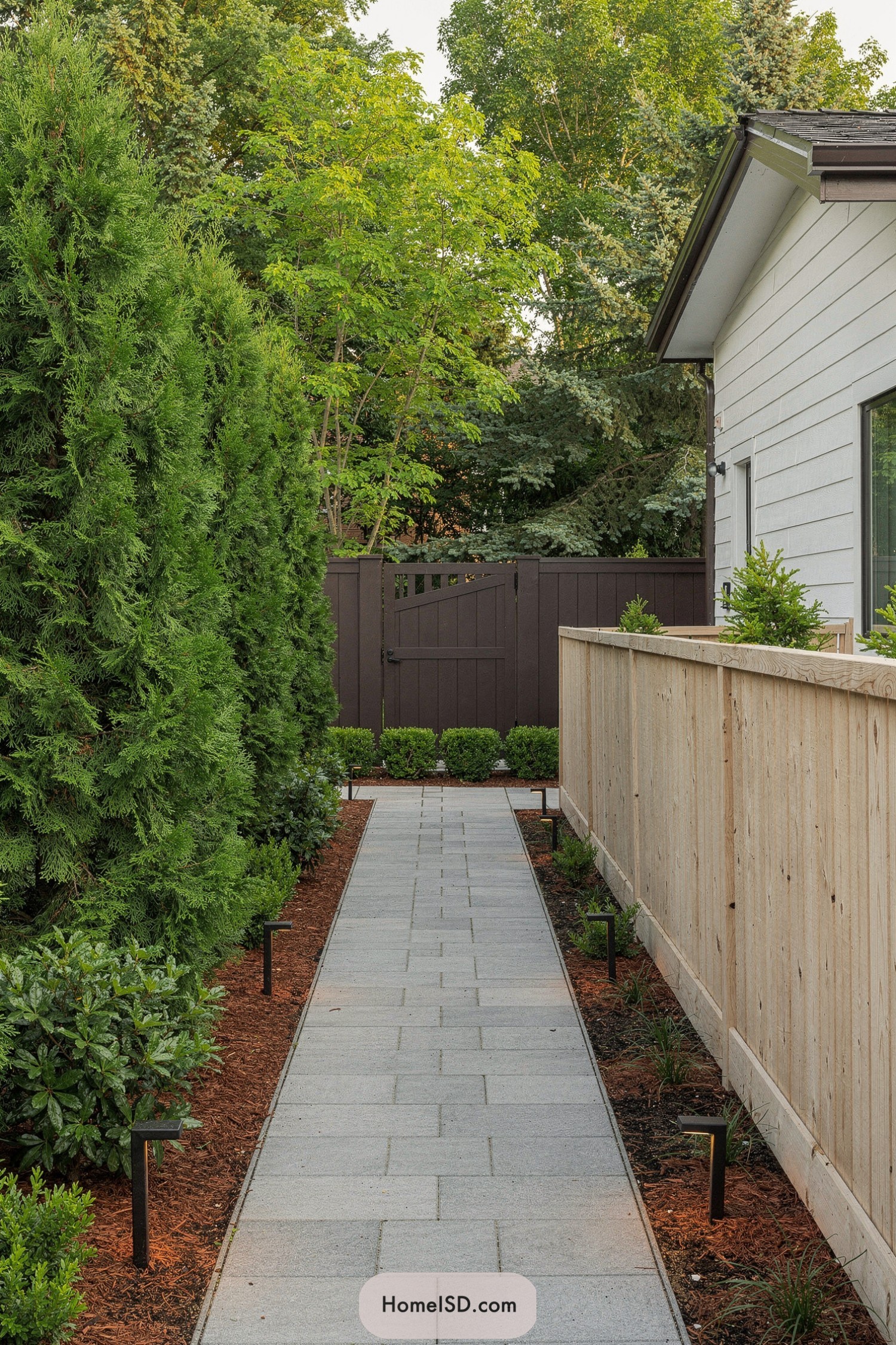 Side yard walkway lined with tall evergreens and wood fence