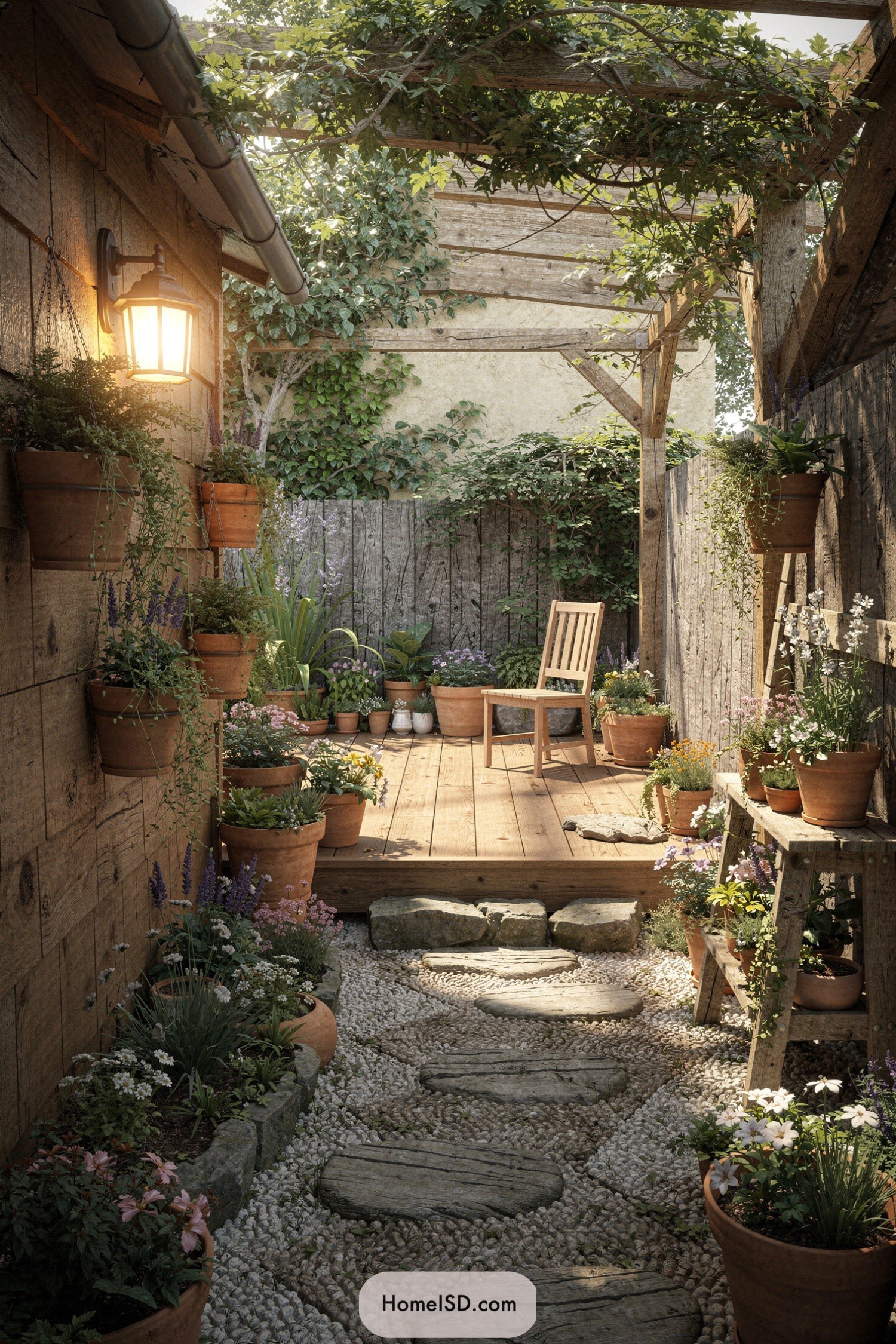 Narrow rustic courtyard with wooden deck, pebble path, and abundant potted plants under a vine-covered pergola
