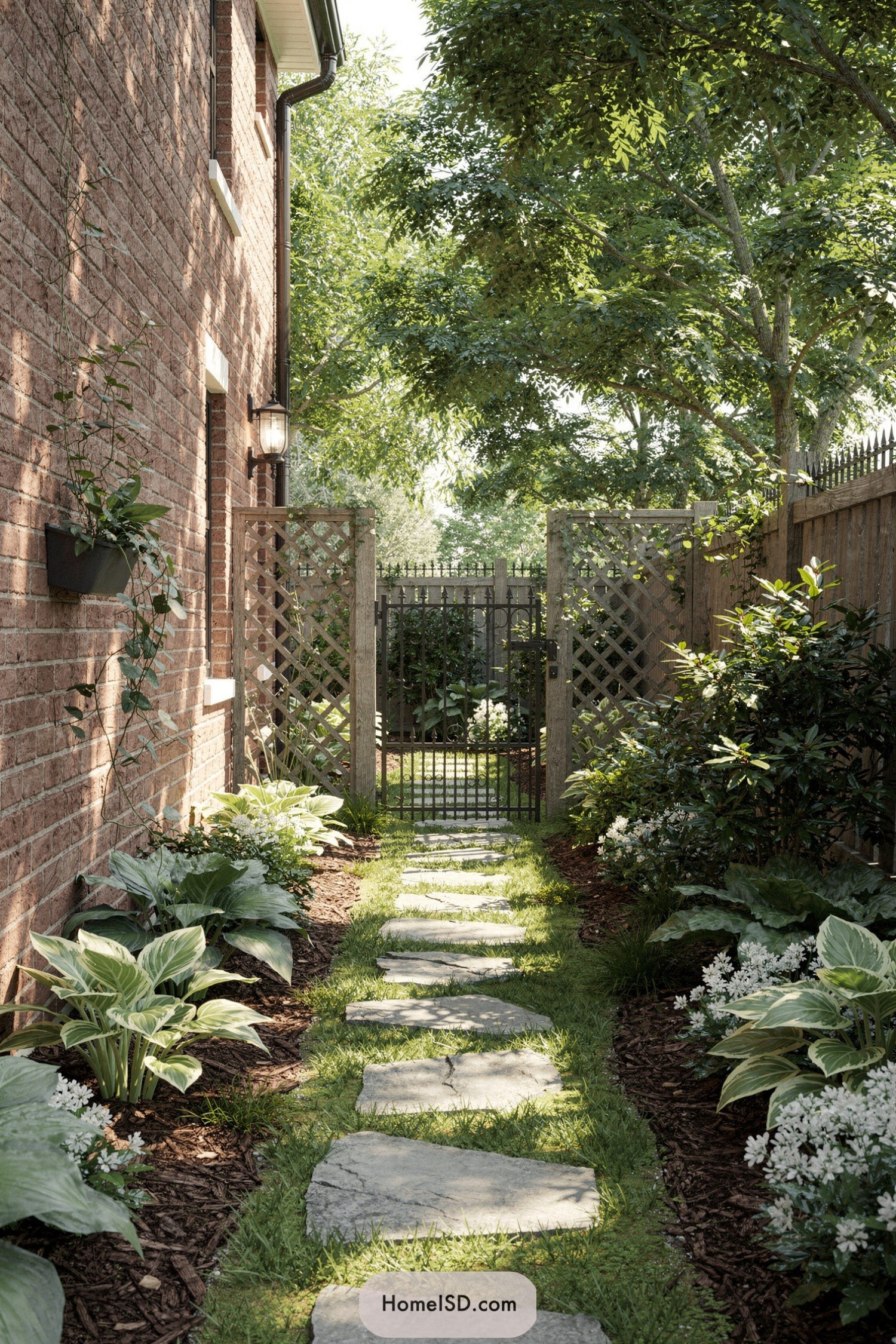 Narrow side-yard garden with stone path