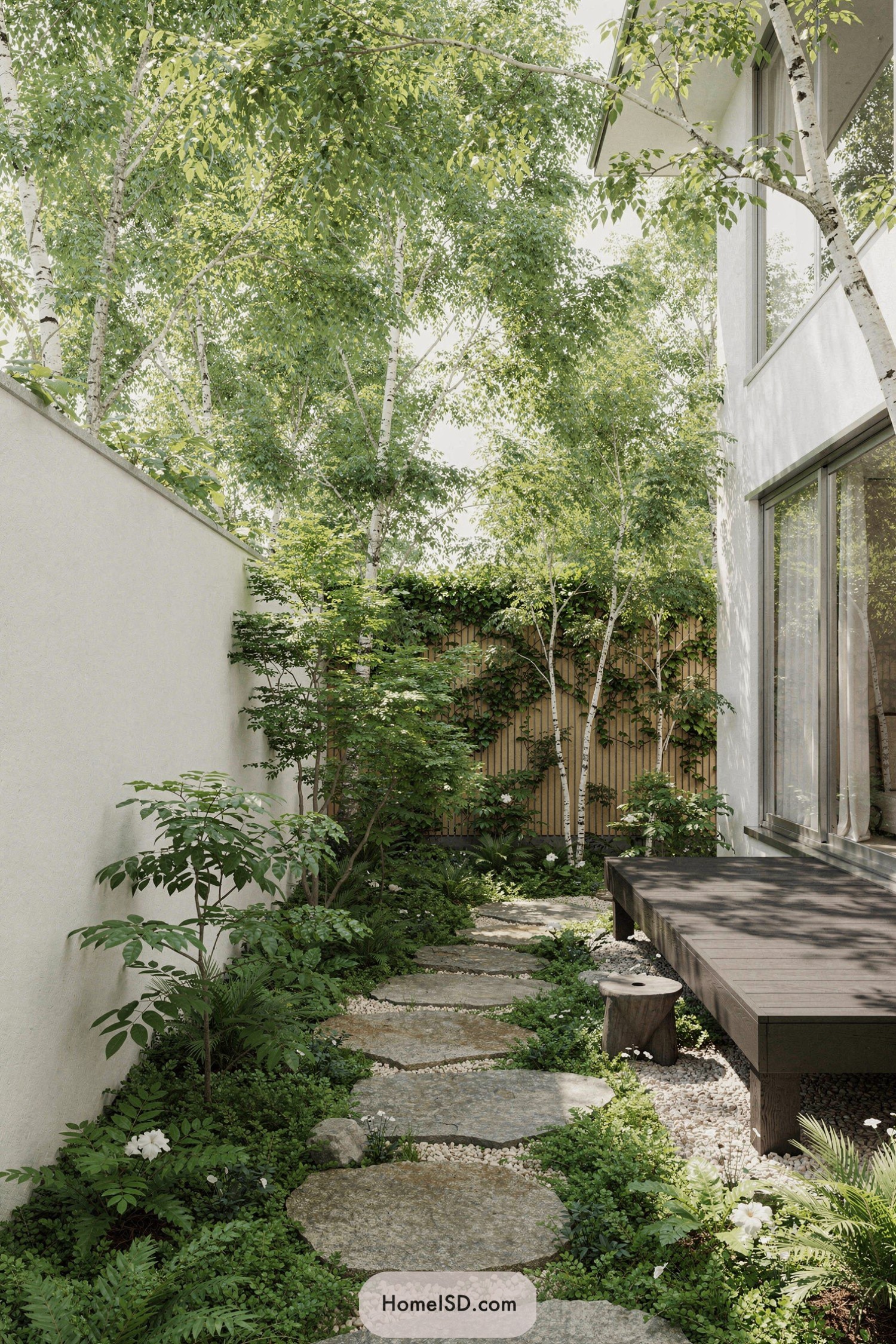 Narrow garden with stone path and birch trees