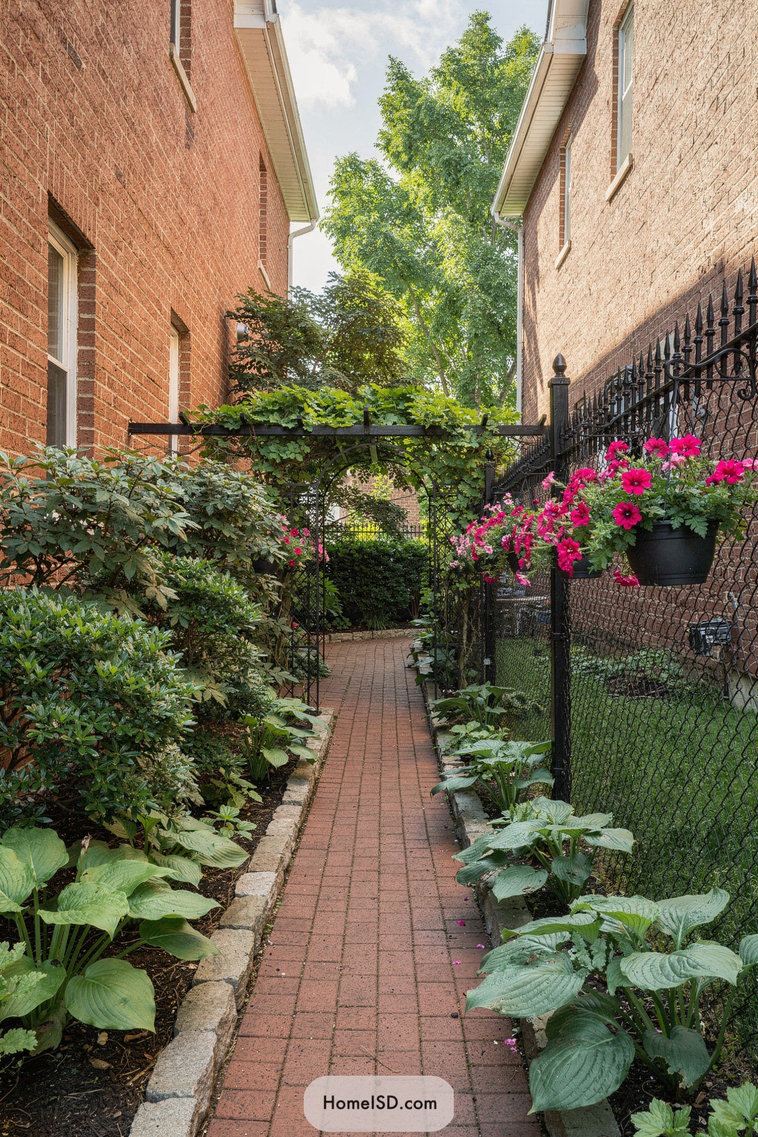 Narrow brick path between houses lined with lush plants and a vine-covered metal arbor