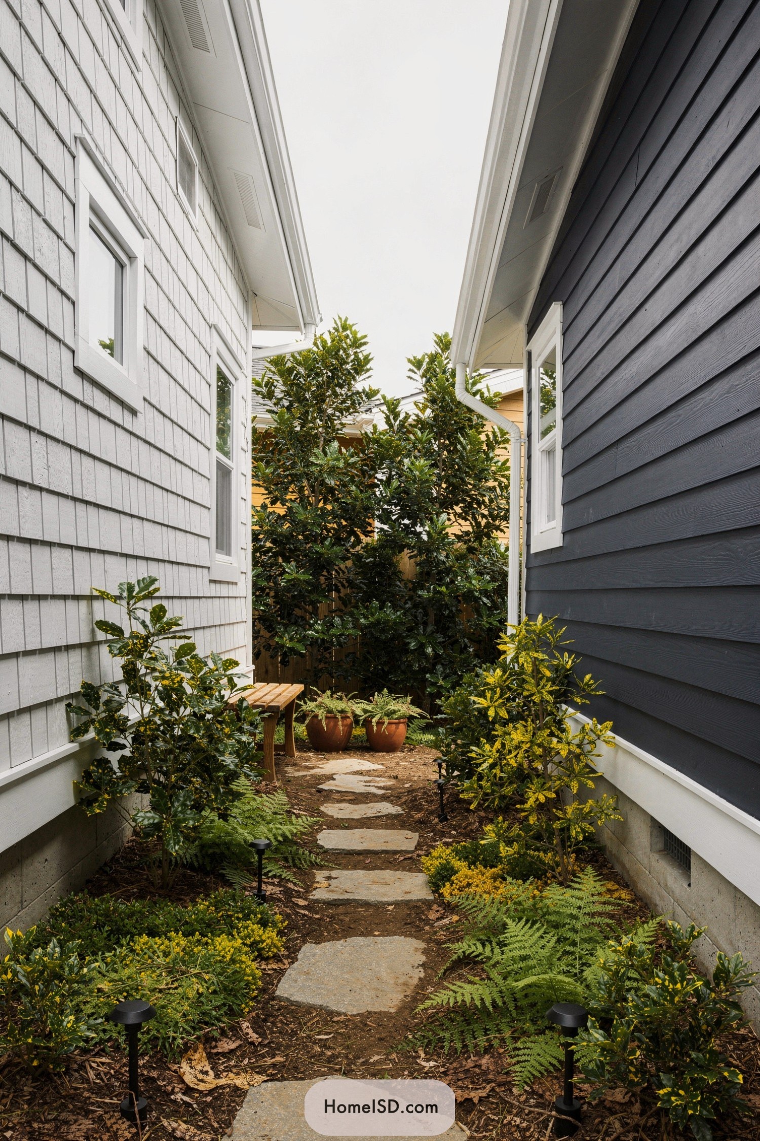 Narrow side garden with stone path and bench