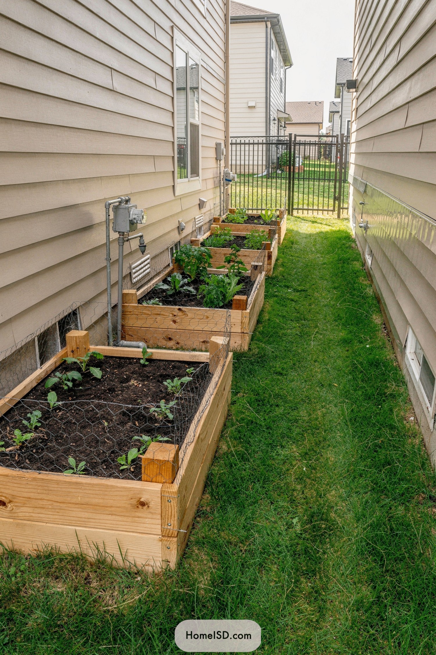 Row of wooden raised garden beds along a grassy side yard between two houses