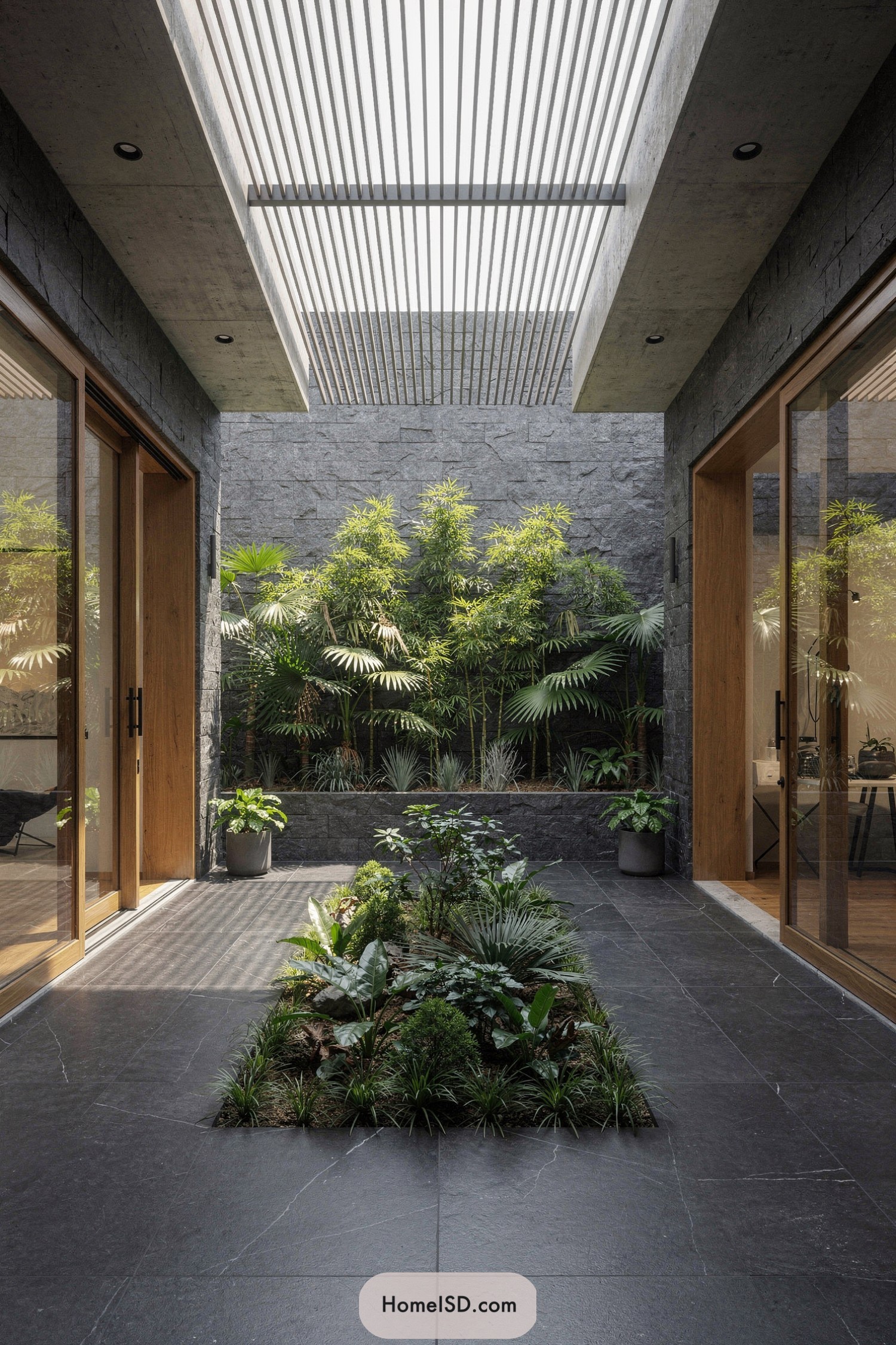 Narrow modern courtyard with central planted bed under slatted skylight
