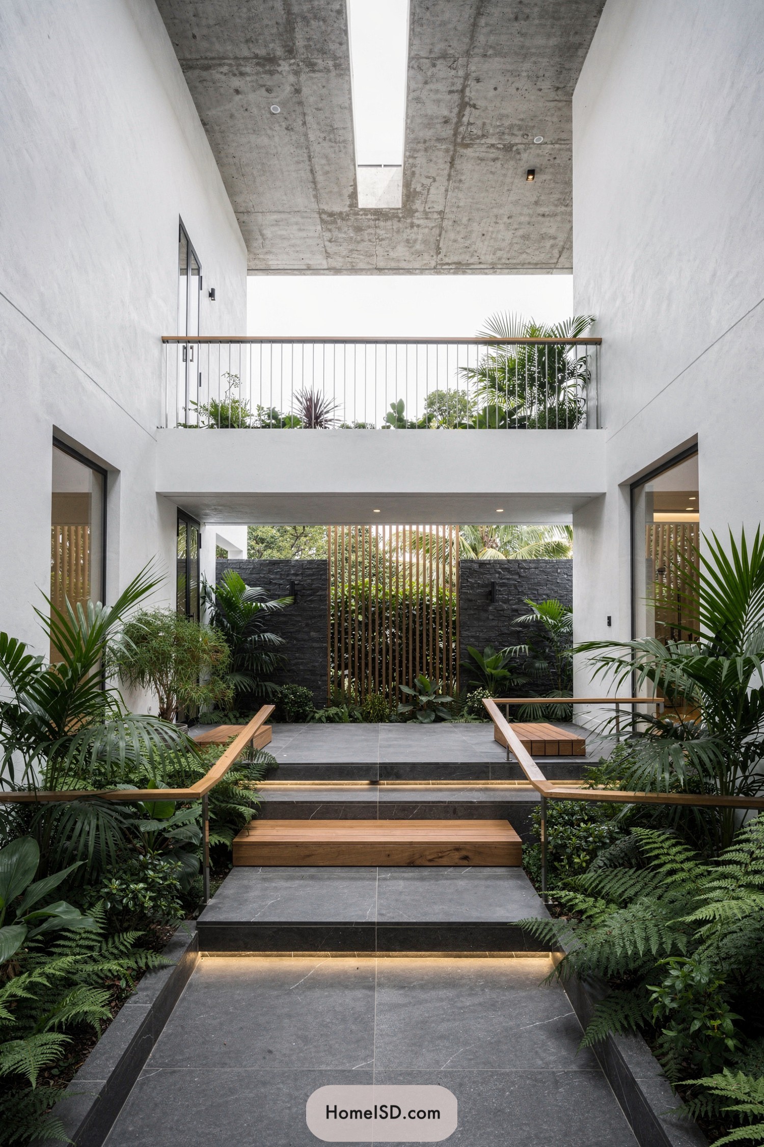 Modern courtyard with lush greenery flanking tiered stone steps