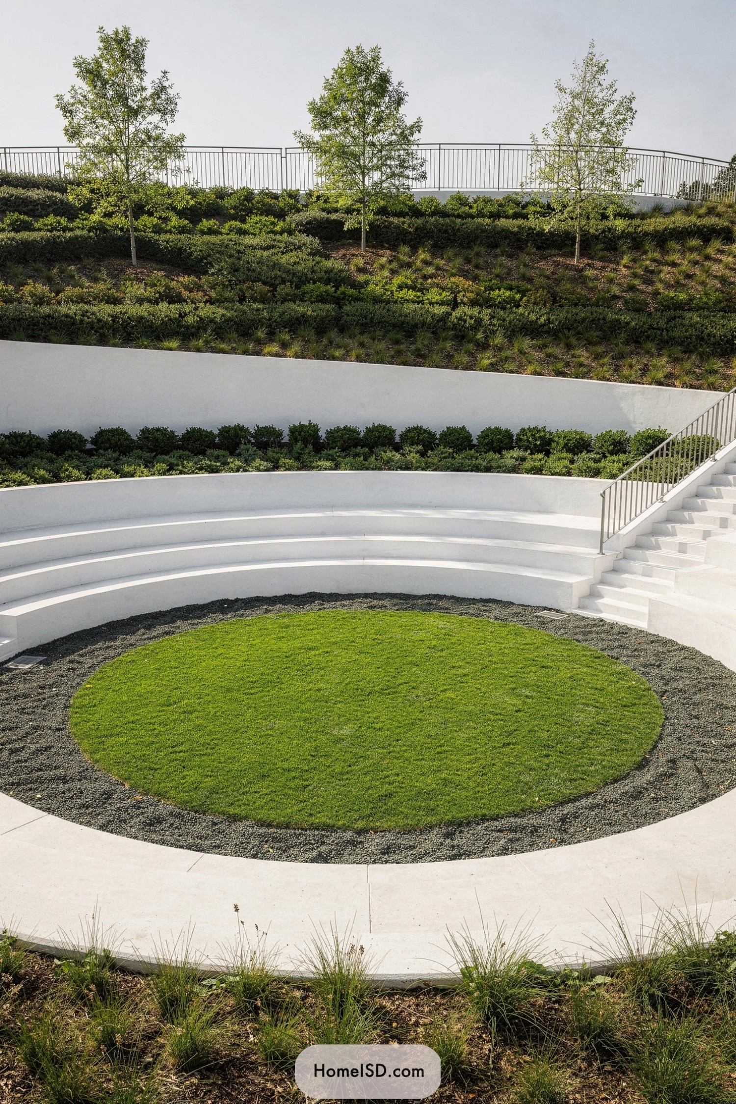 Circular terraced lawn amphitheater on a landscaped slope