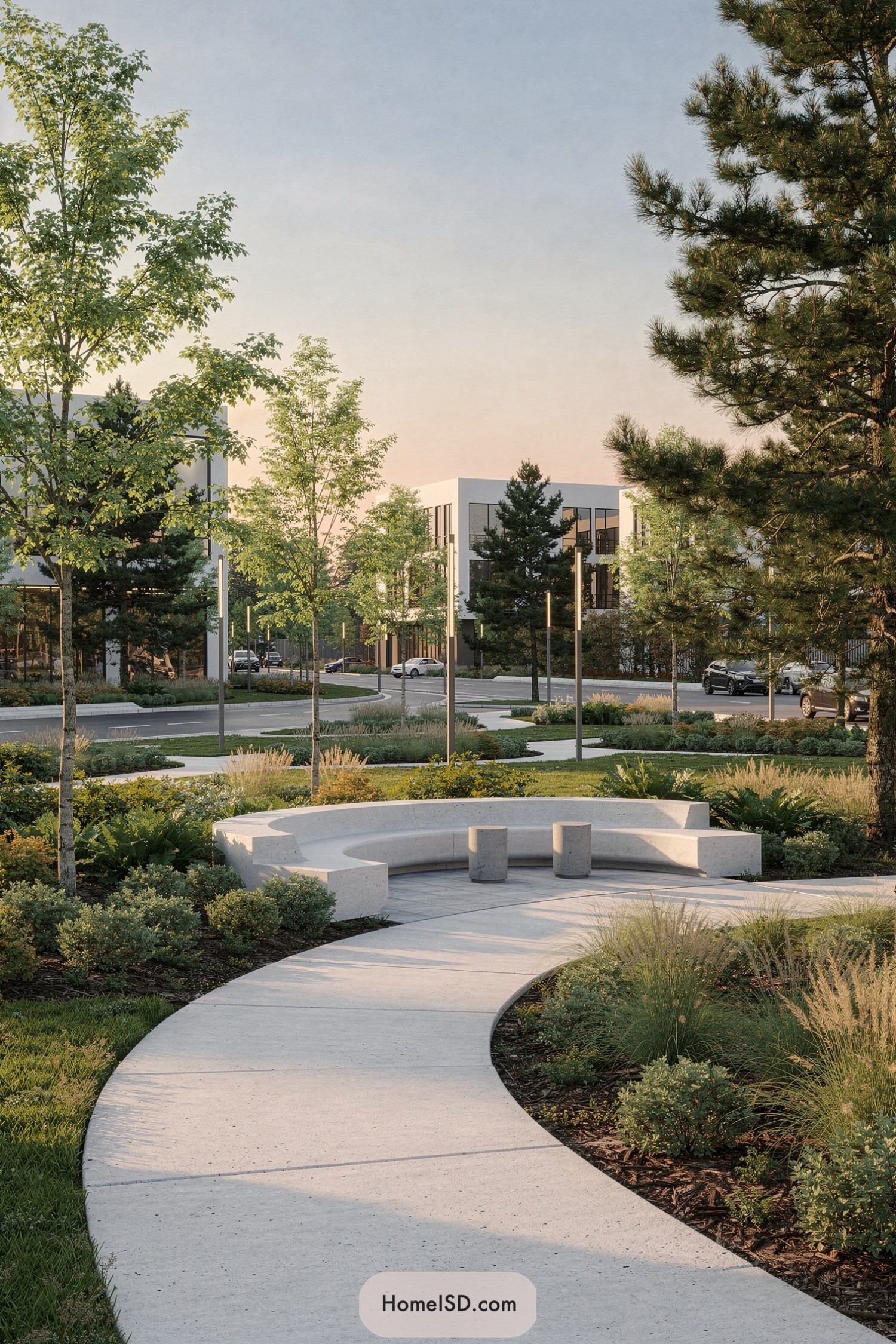 Curved concrete bench along landscaped park path