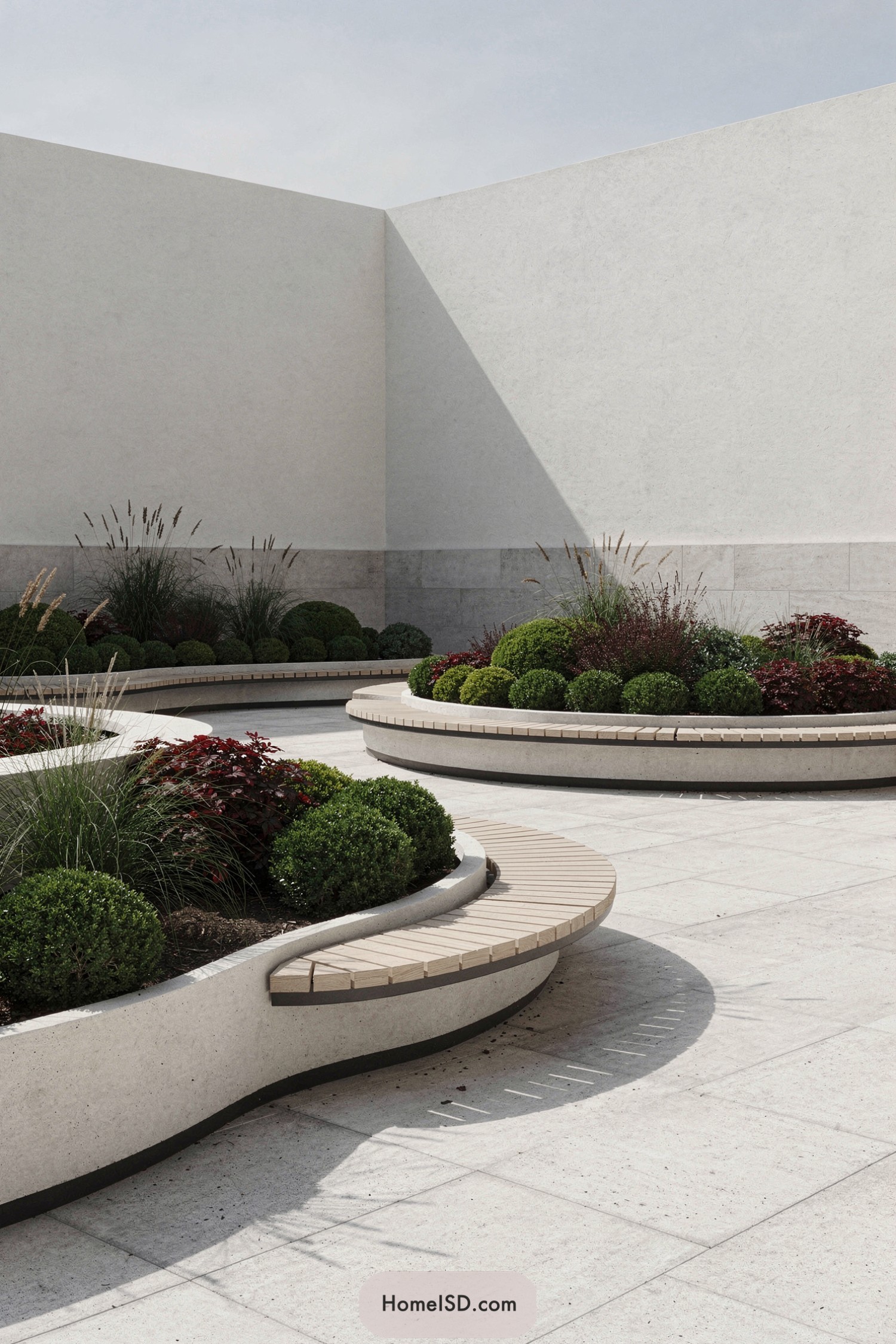 Curved concrete courtyard planters with integrated benches