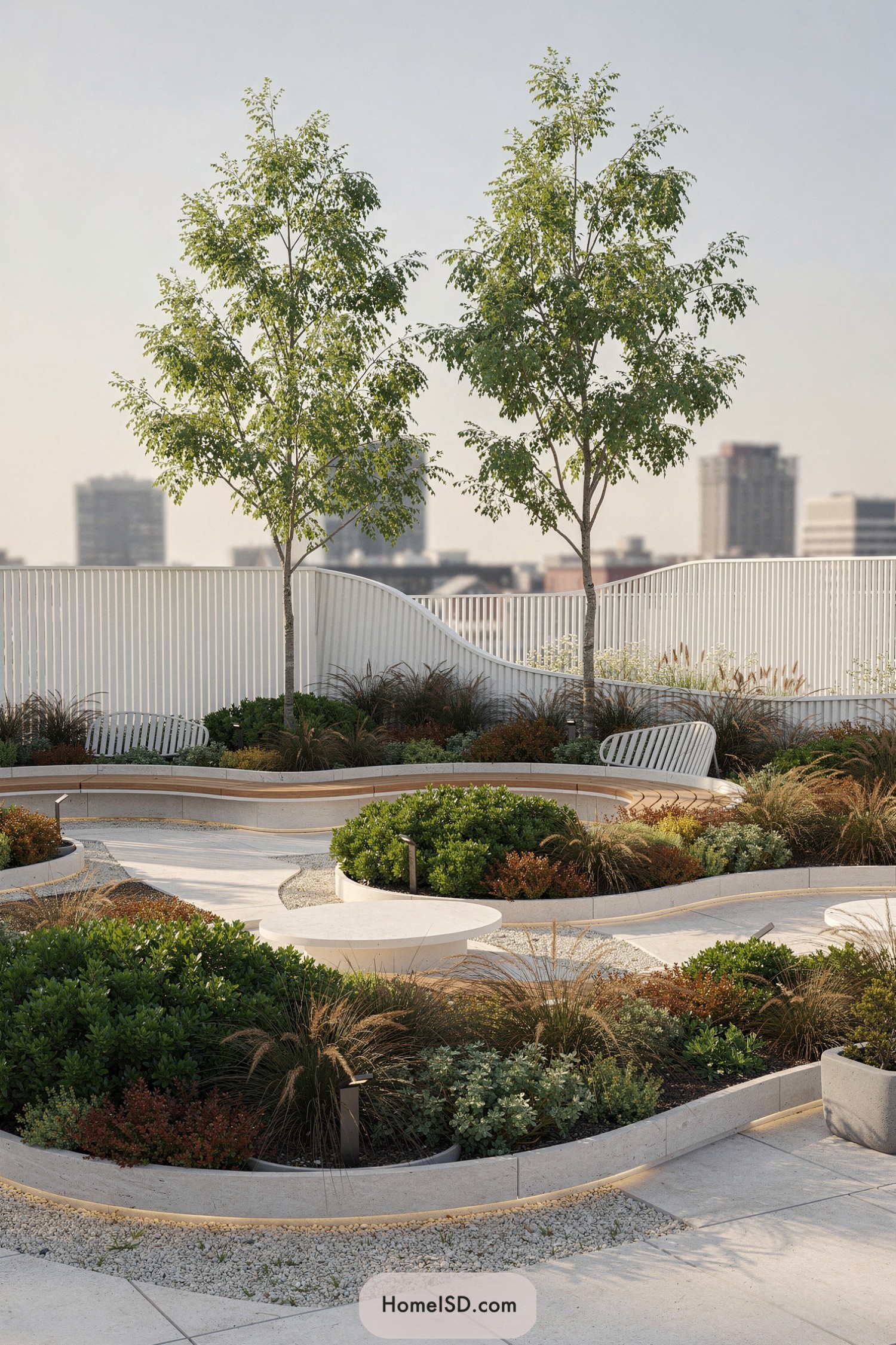 Curved rooftop garden seating with trees