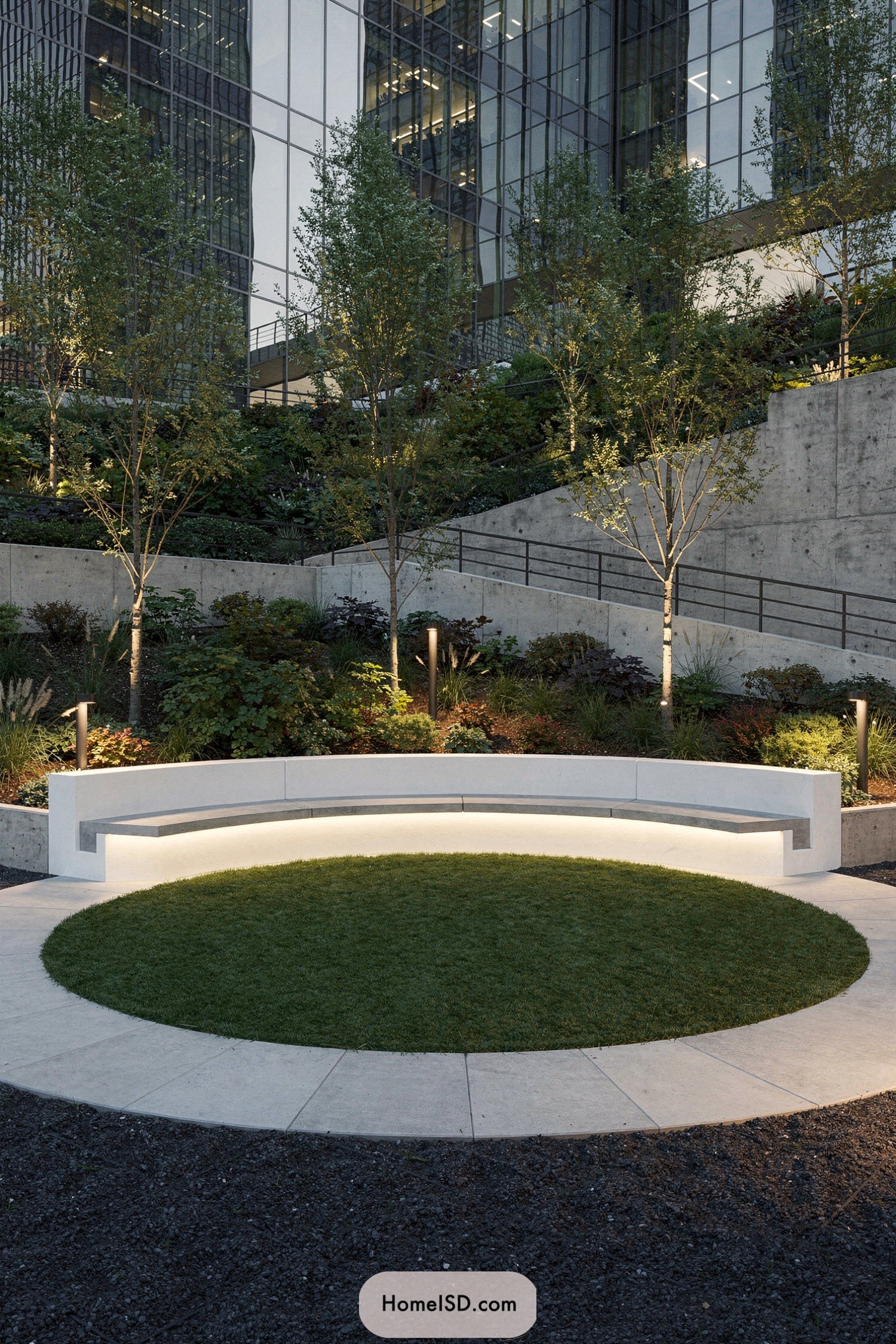 Curved concrete bench framing a circular grass lawn with subtle under-seat lighting in a modern urban courtyard