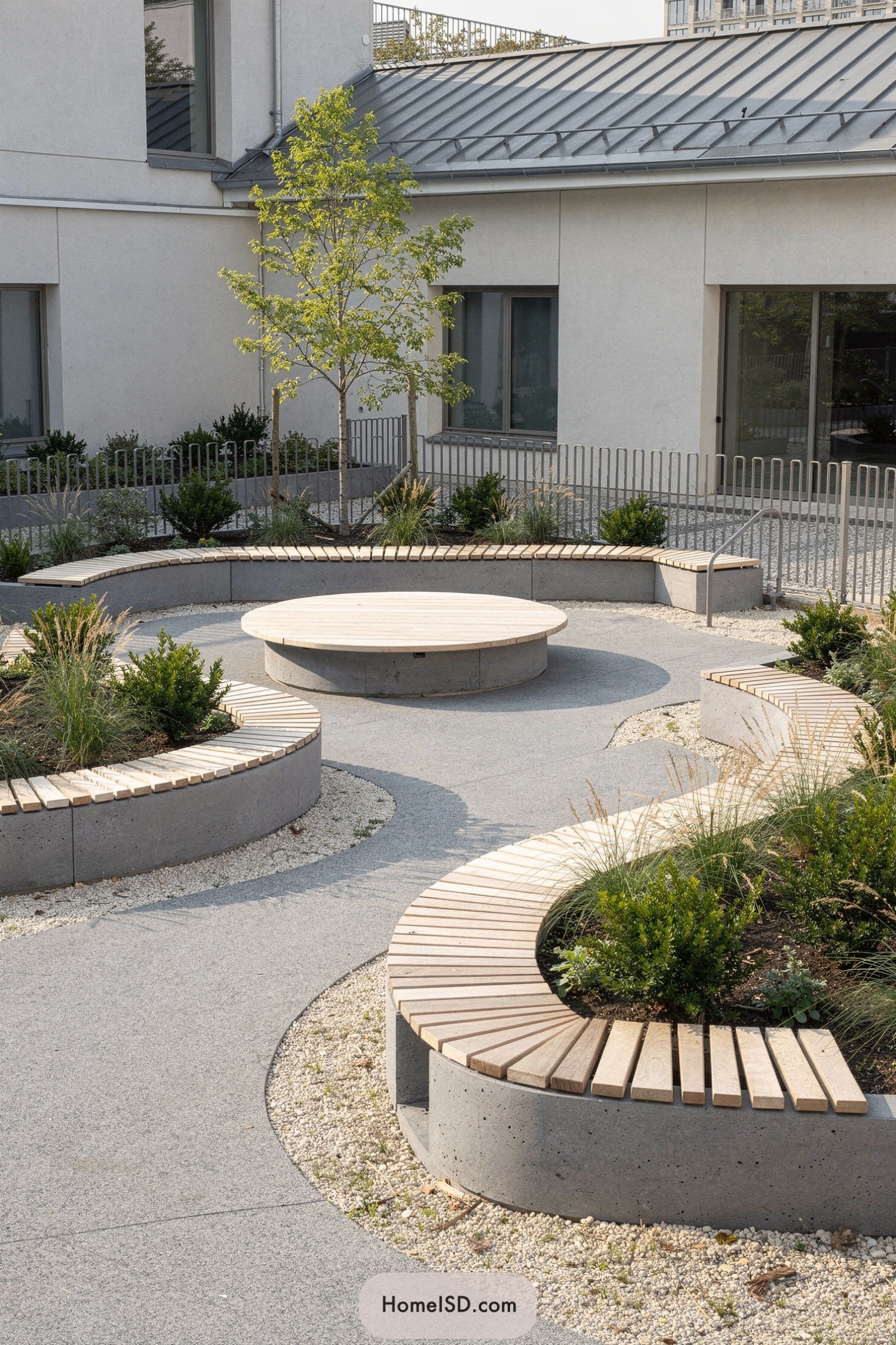 Curved concrete and wood benches encircle planted beds along a winding path in a modern courtyard