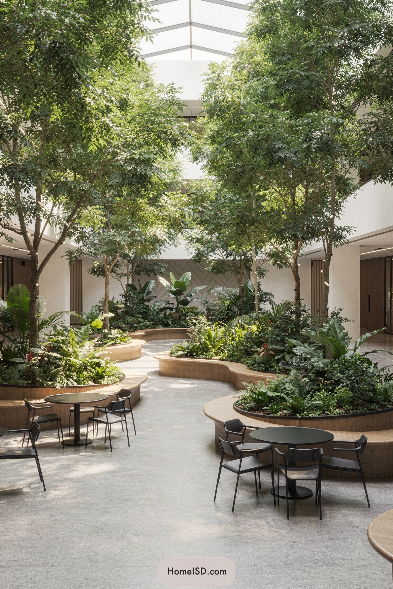 Curving wooden planter-benches with lush trees and café tables under a bright atrium skylight