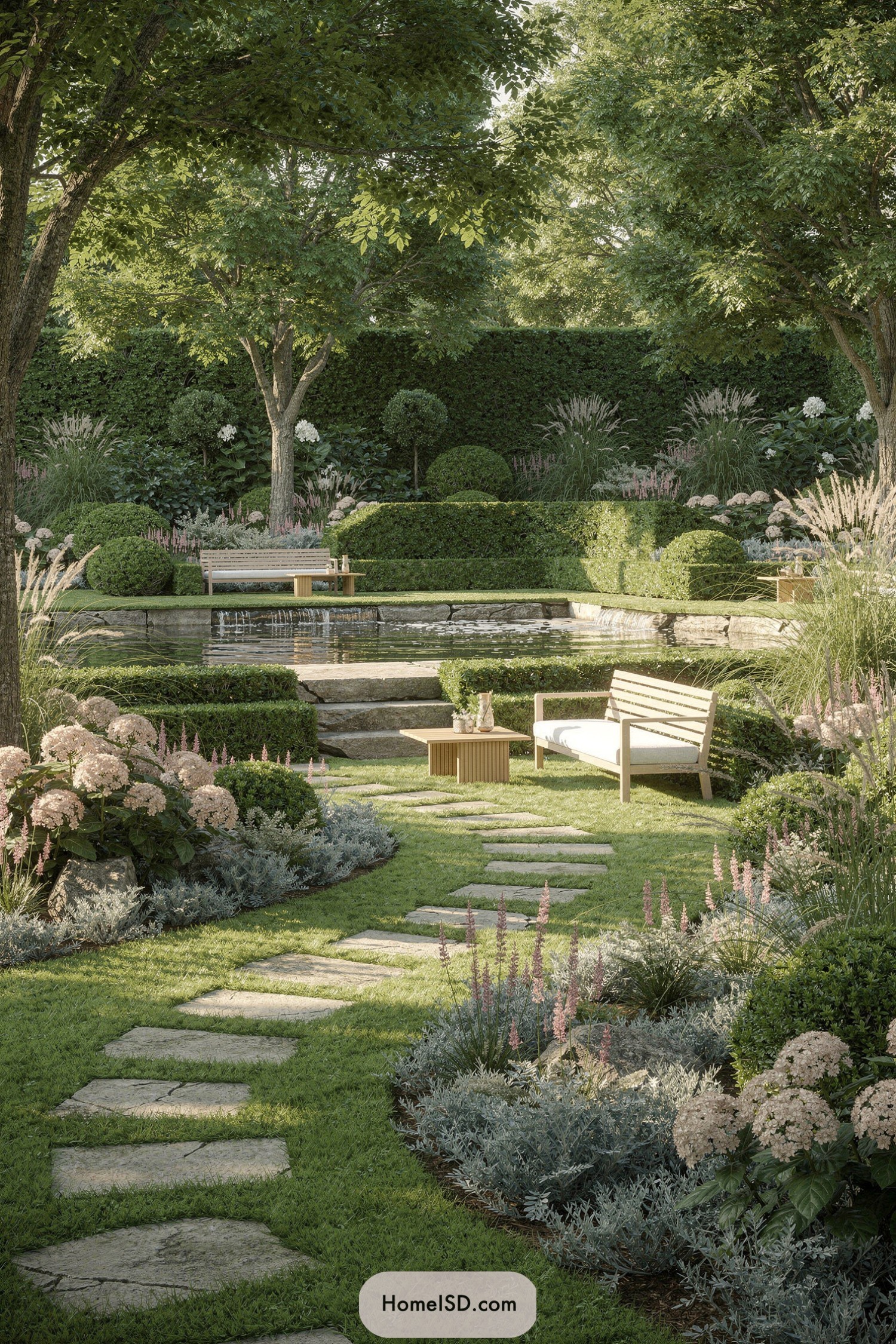 Tiered garden with wooden benches by pond